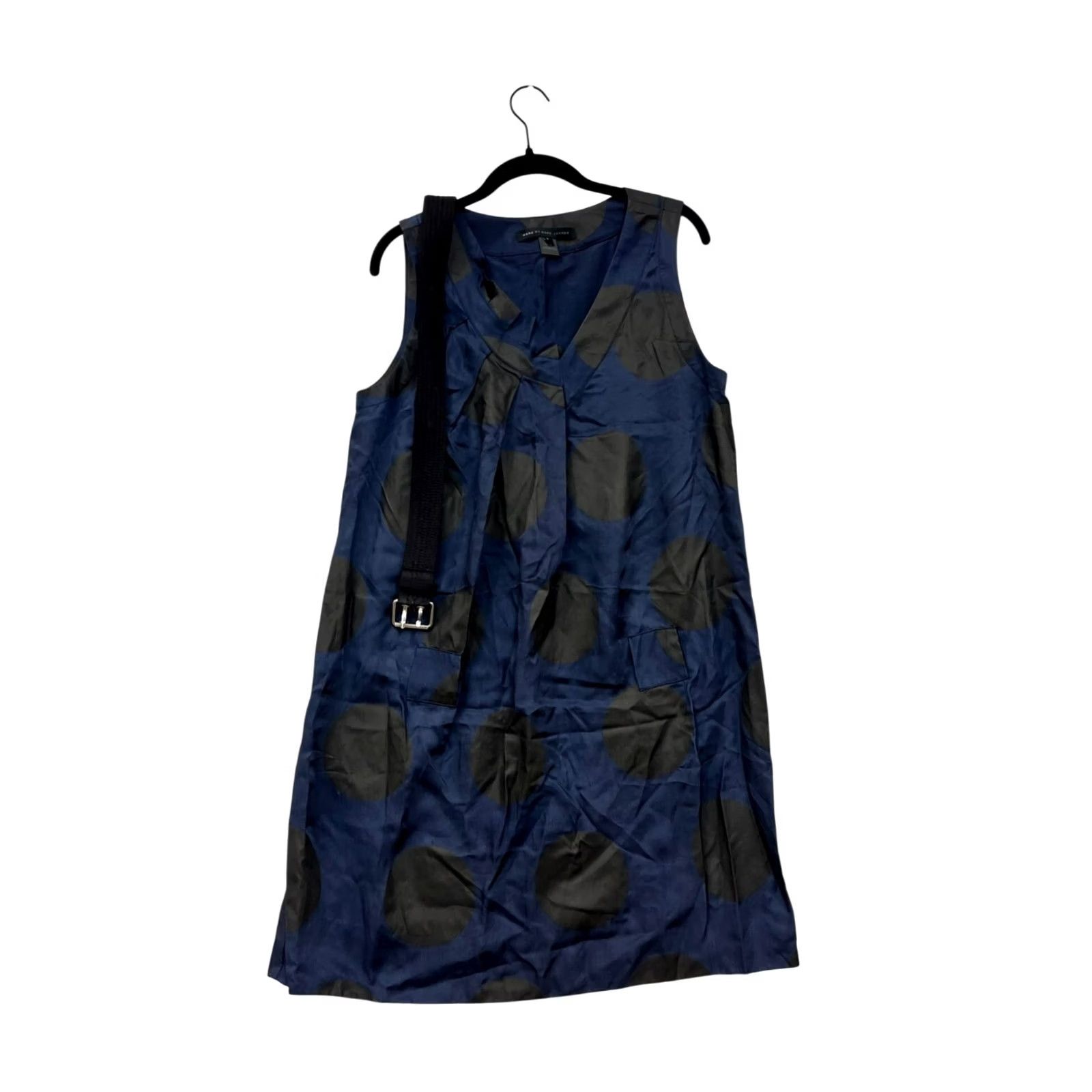 Marc by Marc Jacobs Marc by Marc Jacobs Womens Dress Sleeveless Navy Black Polka Dot A-Line Knee Length L Belt Silver Back Zip Size L / US 10 / IT 46 - 2 Thumbnail
