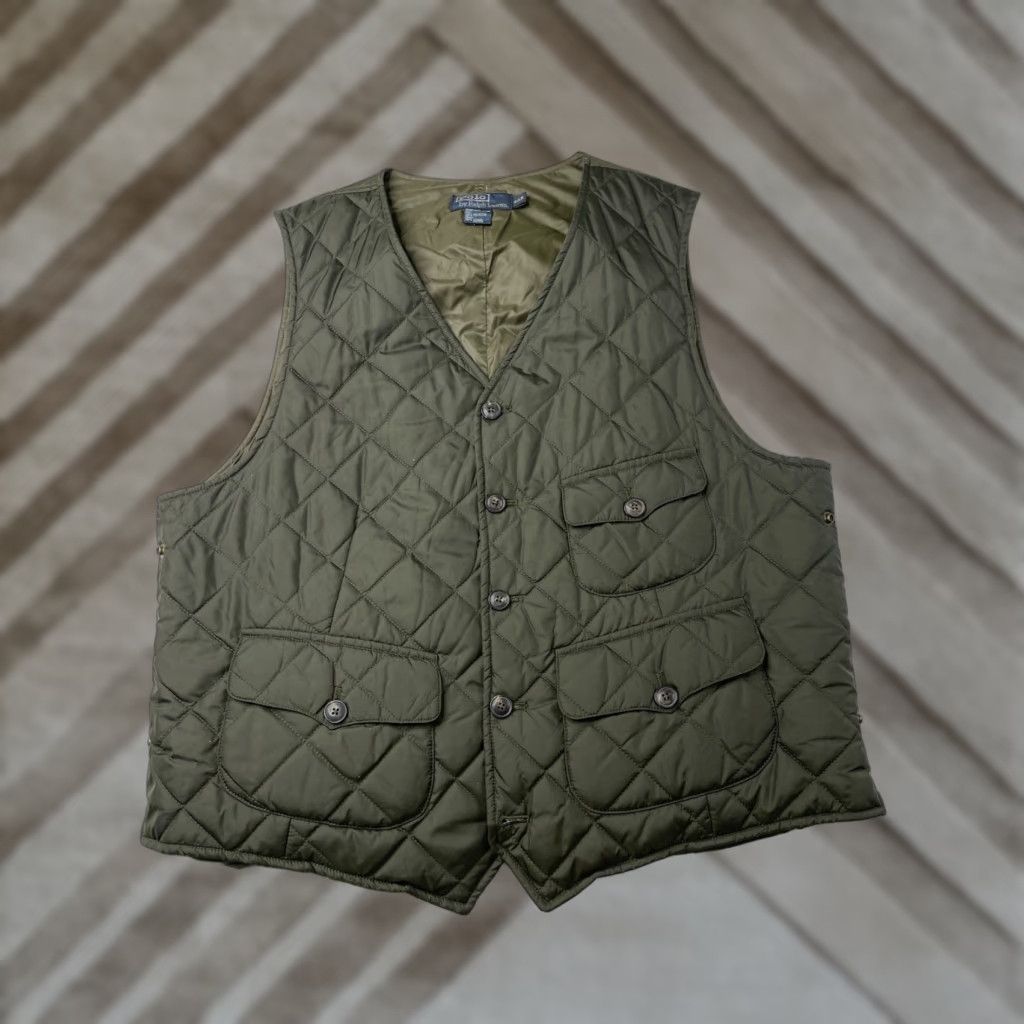 Ralph Lauren VINTAGE Ralph Lauren Polo Vest Quilted Olive Green Stand-Up Collar Short Length Snaps Size 46 Men Quilted Vest 90s Preppy Classic Size US XXL / EU 58 / 5 - 1 Thumbnail
