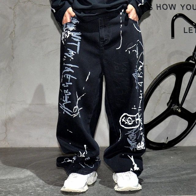 Japanese Brand × Jean baggy hiphop skate pattern y2k paint graffiti jeans Size US 35 - 1 Thumbnail