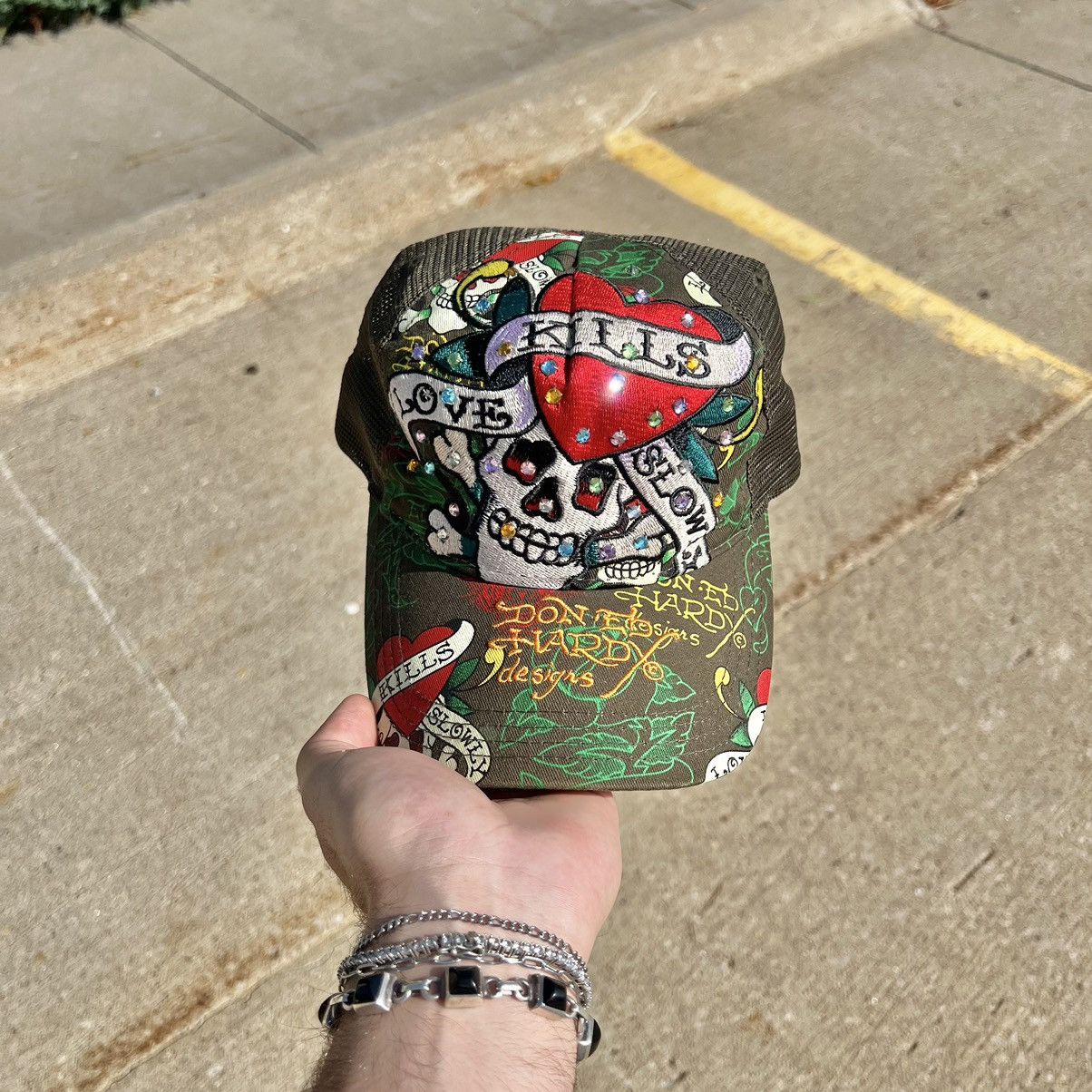 Ed Hardy Vintage 00s Y2K Ed Hardy SnapBack Trucker Hat Rhinestone Size ONE SIZE - 2 Thumbnail