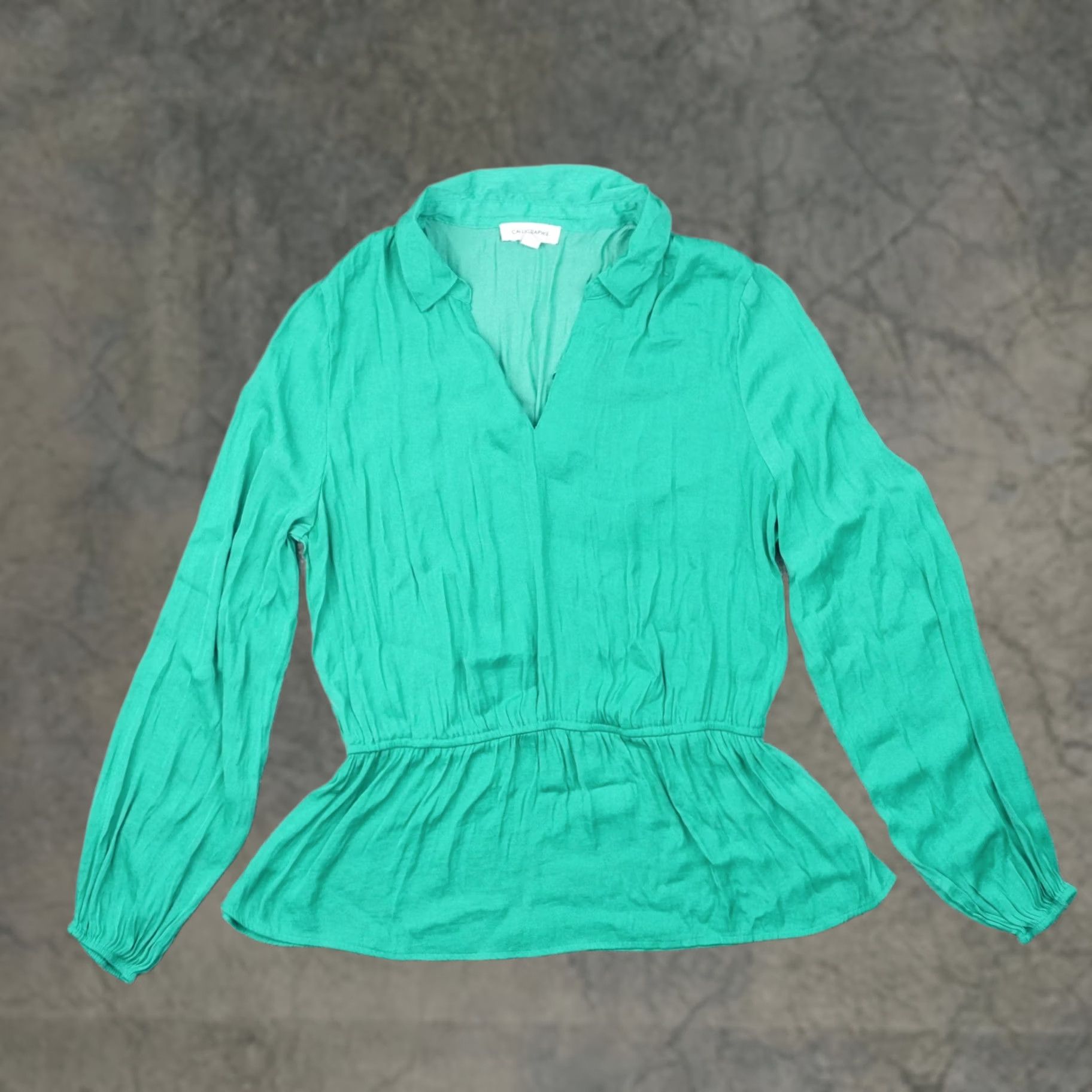 Vintage Calligraphie Blouse Womens Large Green Long Sleeve V Neck Flowy Tunic Size L / US 10 / IT 46 - 1 Thumbnail