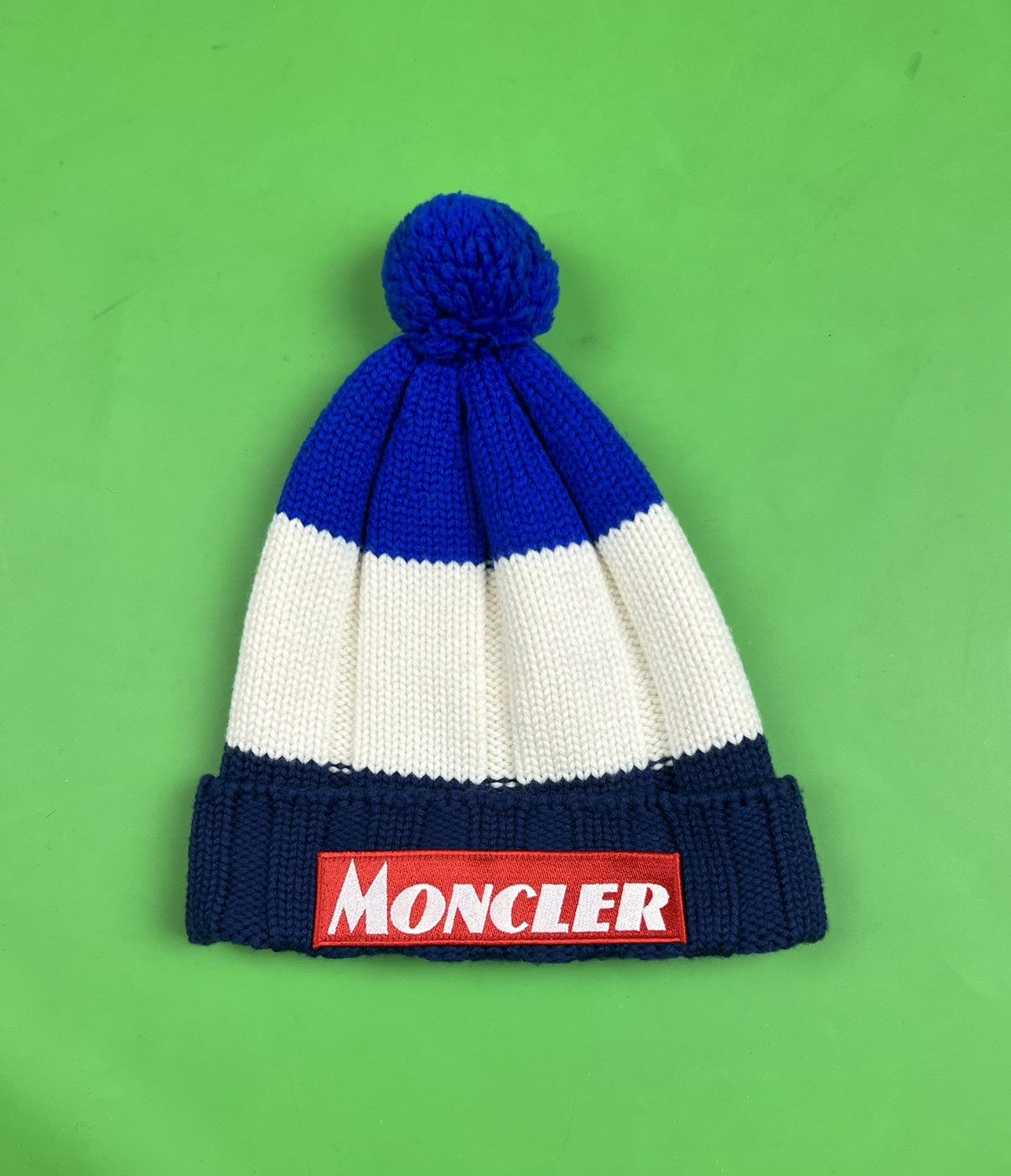 image of Moncler Big Logo Patch Wool Knit Pompom Hat, Men's