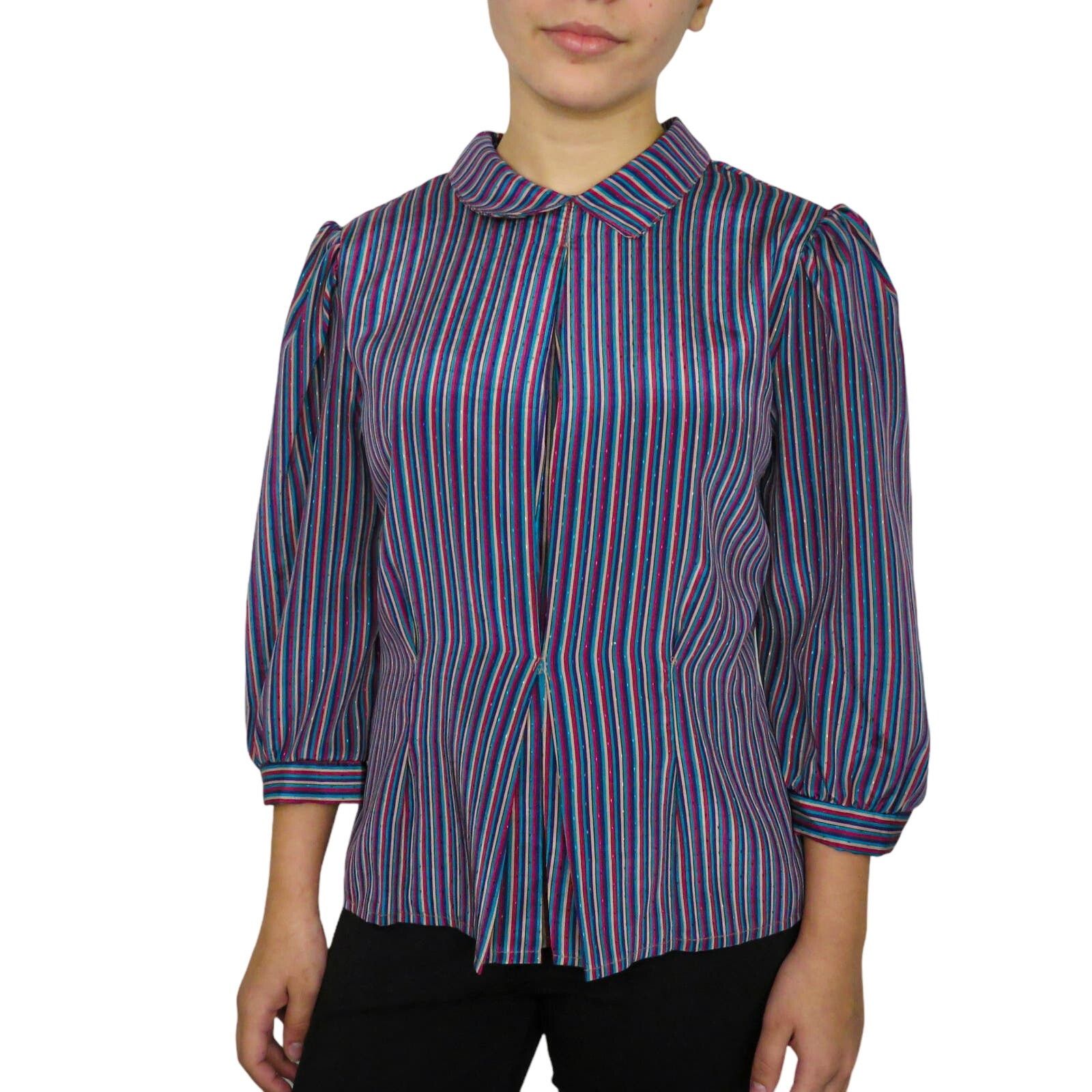 Vintage 1970s Vintage Peter Pan Collar Purple Striped Blouse Small Size S / US 4 / IT 40 - 1 Thumbnail