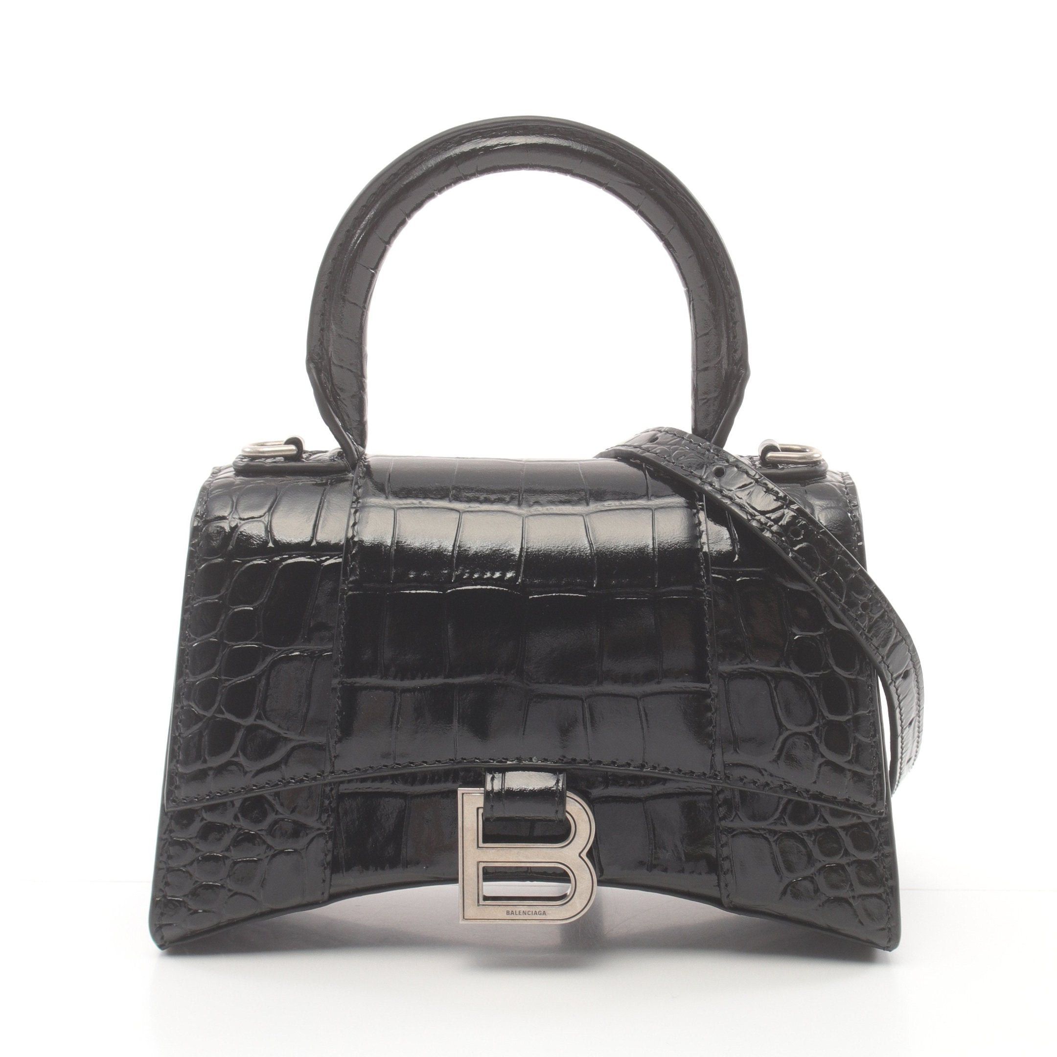 Balenciaga Hourglass Xs Handbag Leather Black Croc Embossed