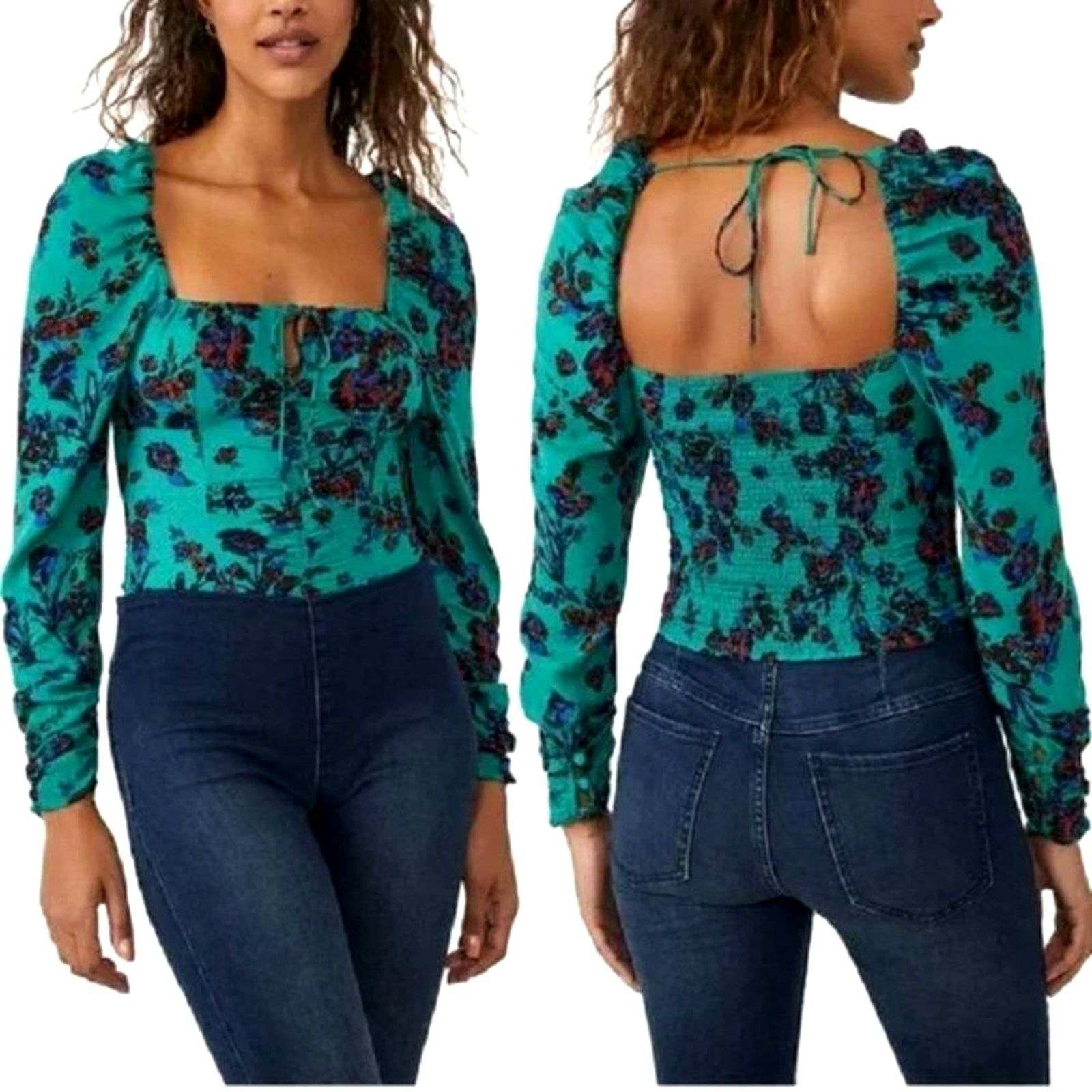 Free People Free People Hilary Floral Printed Low Square Back Top Teal M Size M / US 6-8 / IT 42-44 - 3 Thumbnail