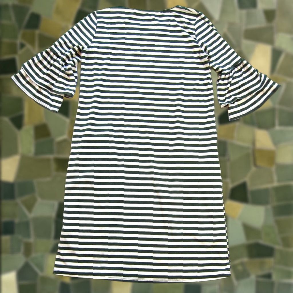 Vintage Orange Creek Dress Green Ivory Stripe Stretch Pocket Ruffle Sleeve Shift Small Size S / US 4 / IT 40 - 1 Thumbnail