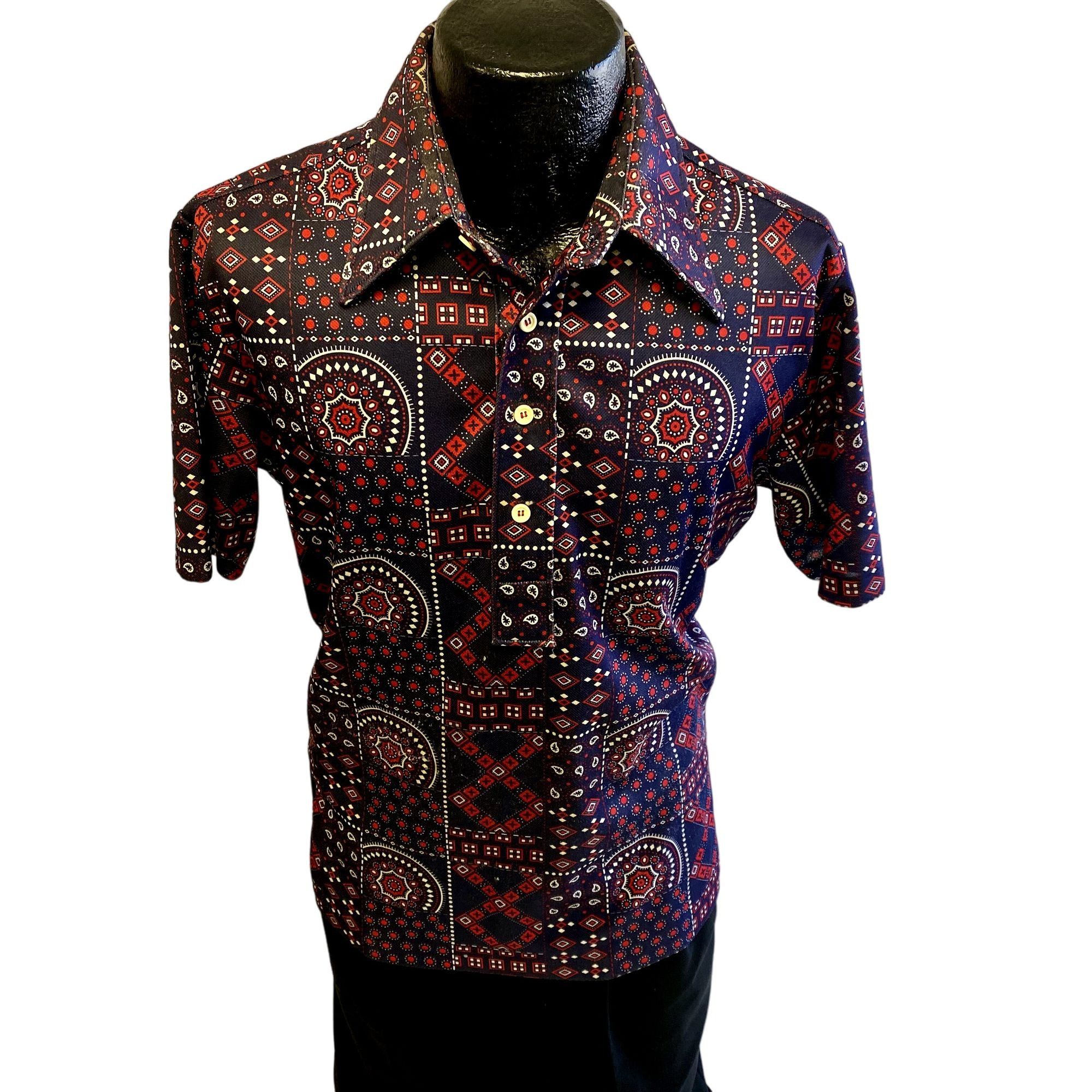 70's MoD GEOMETRIC Polo Butterfly Collar DISCO Surfer Shirt