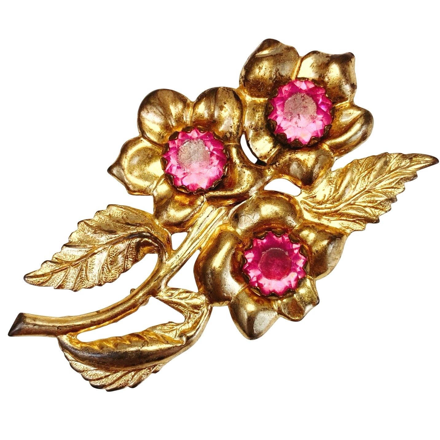 Vintage Big Vintage 1940s Gold Tone Pink Rhinestone Floral Brooch Size ONE SIZE - 1 Thumbnail
