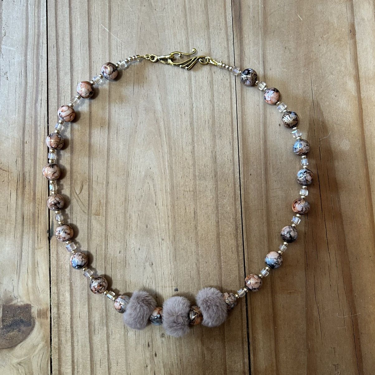 Handmade Handcrafted brown tone faux fur art glass bead necklace Size ONE SIZE - 5 Thumbnail