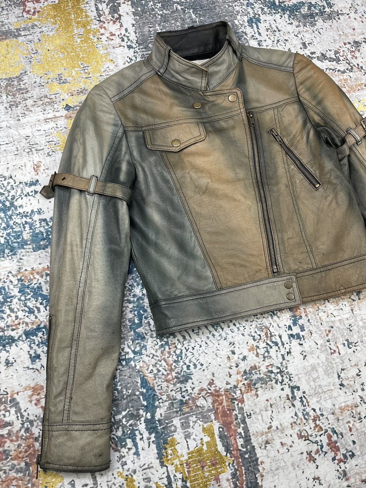 Hypebeast DUDE Cropped Multi Tone Distressed Leather Jacket Size S / US 4 / IT 40 - 2 Thumbnail