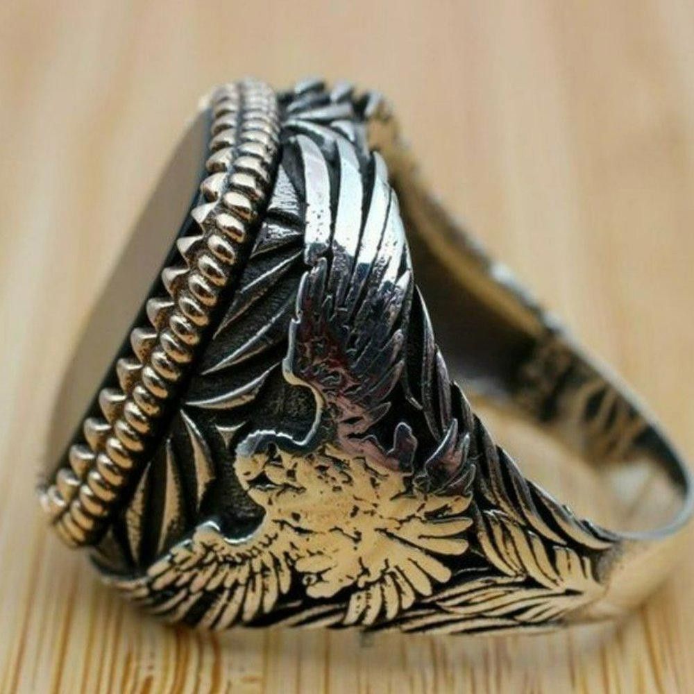 Designer Men's Golden Black Eagle Big Retro Silver Ring - Size 6 Size ONE SIZE - 4 Thumbnail