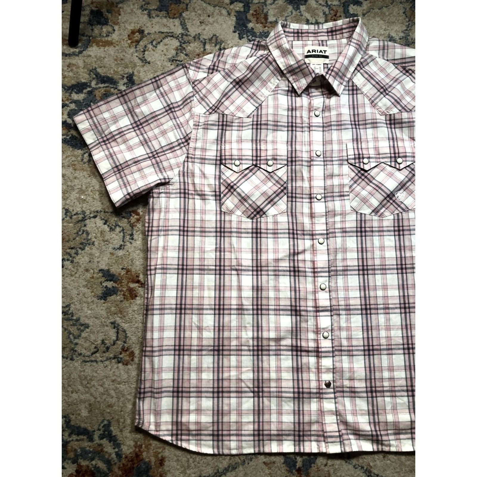 Ariat Ariat Shirt Mens 2XL Pink White Plaid Retro Fit Short Sleeve Western Pearl Snap Shirt Size US XXL / EU 58 / 5 - 3 Thumbnail