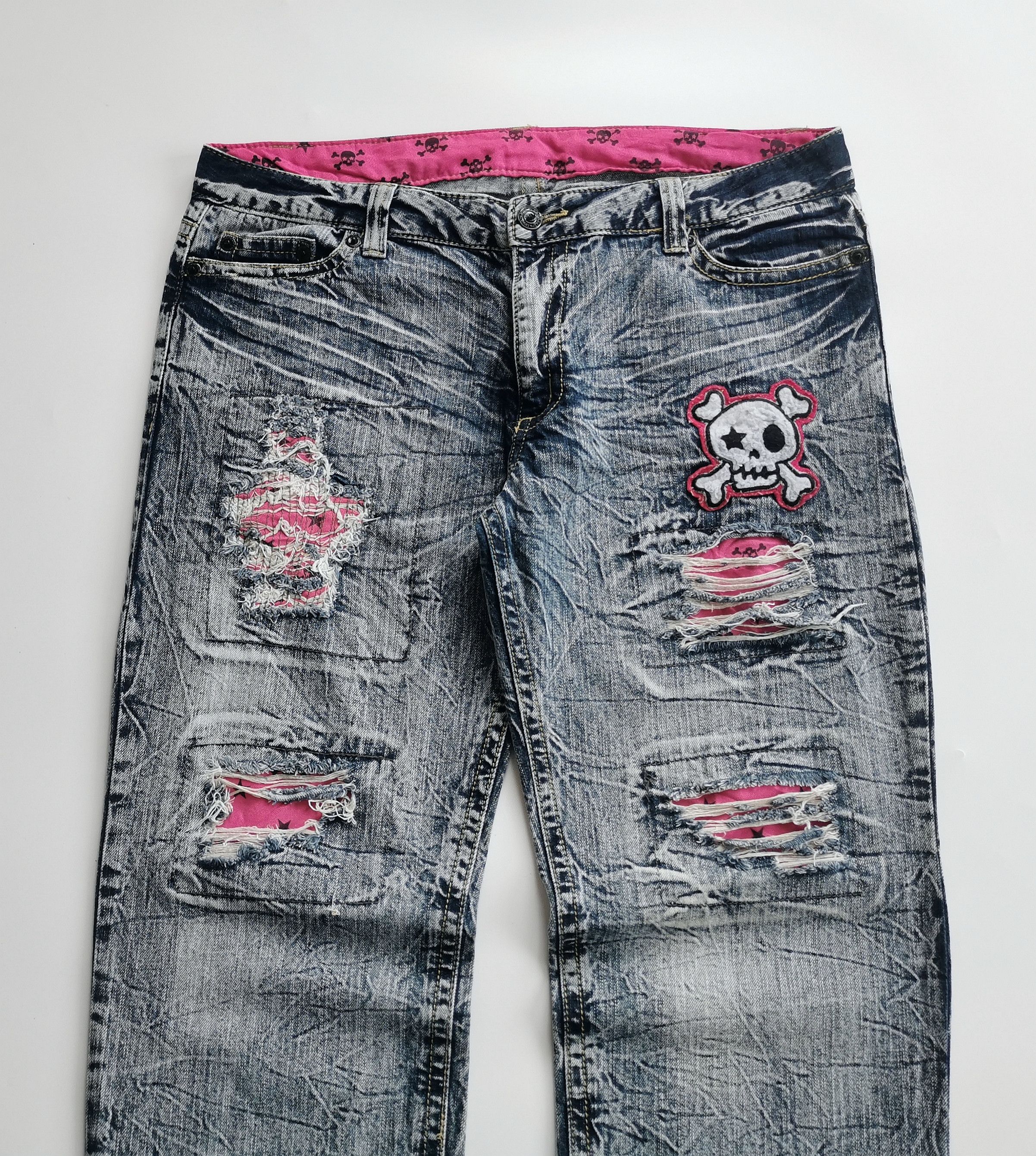 Number (N)ine Vintage Acid Wash Skull Patchwork Distressed Jeans Size US 37 - 6 Thumbnail