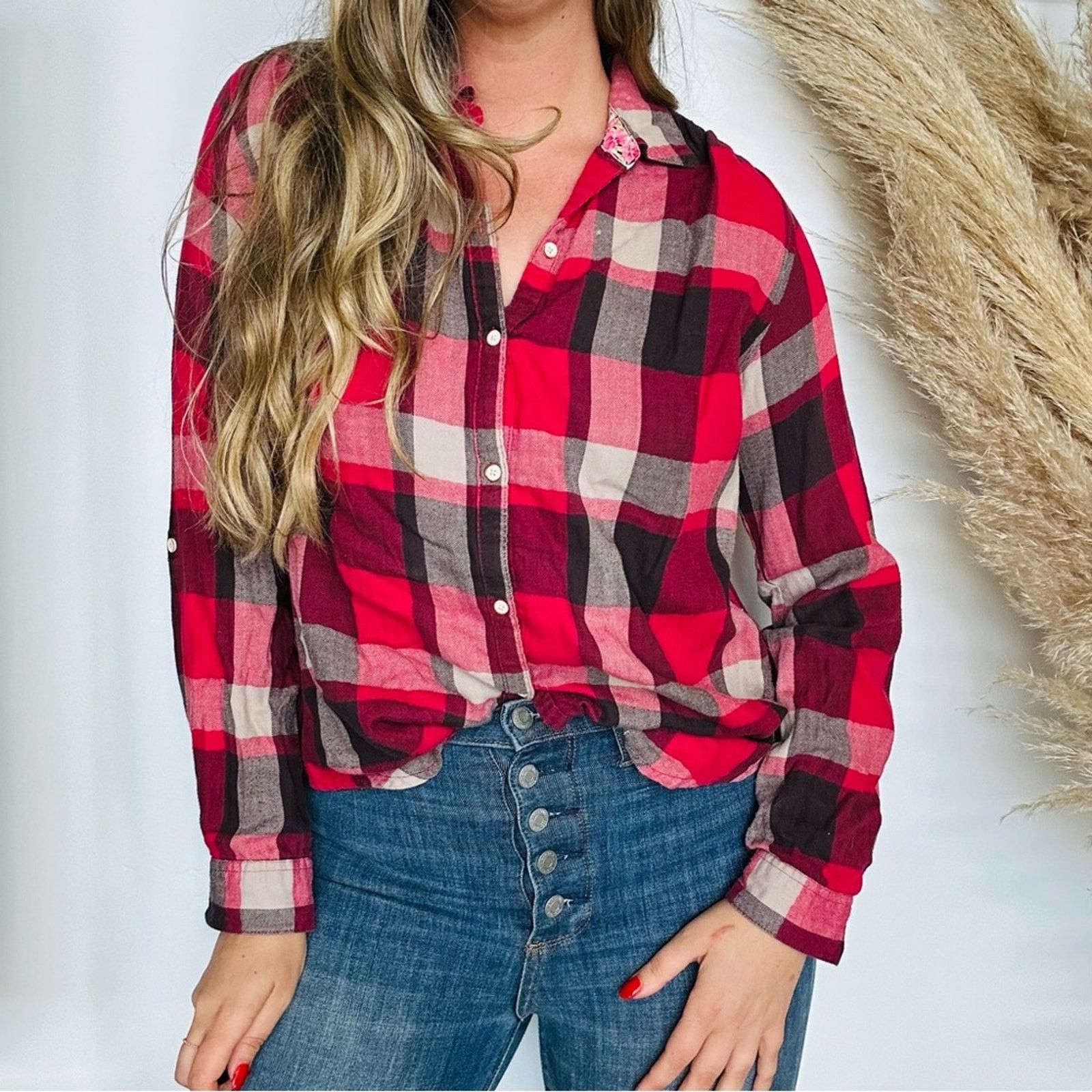 Anthropologie ANTHROPOLOGIE Red Black Plaid Lace Button Shirt Blouse Top Size M / US 6-8 / IT 42-44 - 4 Thumbnail