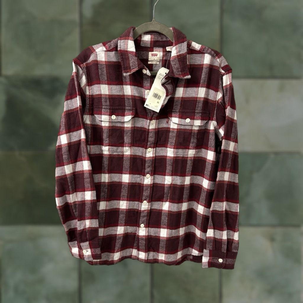 Levi's VINTAGE Levis Shirt Plaid Flannel Button-Up M Mens Burgundy White Knox? Size US M / EU 48-50 / 2 - 1 Thumbnail
