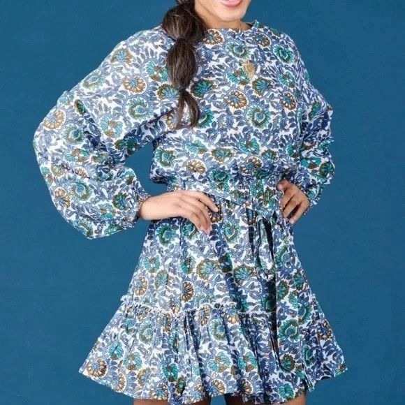 Oliphant Dress Napa Flirty Mini Blue Multi Print Long Balloon Sleeve Size M / US 6-8 / IT 42-44 - 2 Thumbnail