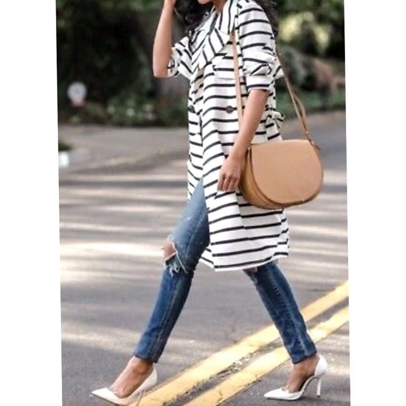 Madewell Madewell Trench Coat Jacket Striped Belted Women’s XS Black & Ivory Multicolor Pattern Long Sleeve Button Size XS / US 0-2 / IT 36-38 - 2 Thumbnail