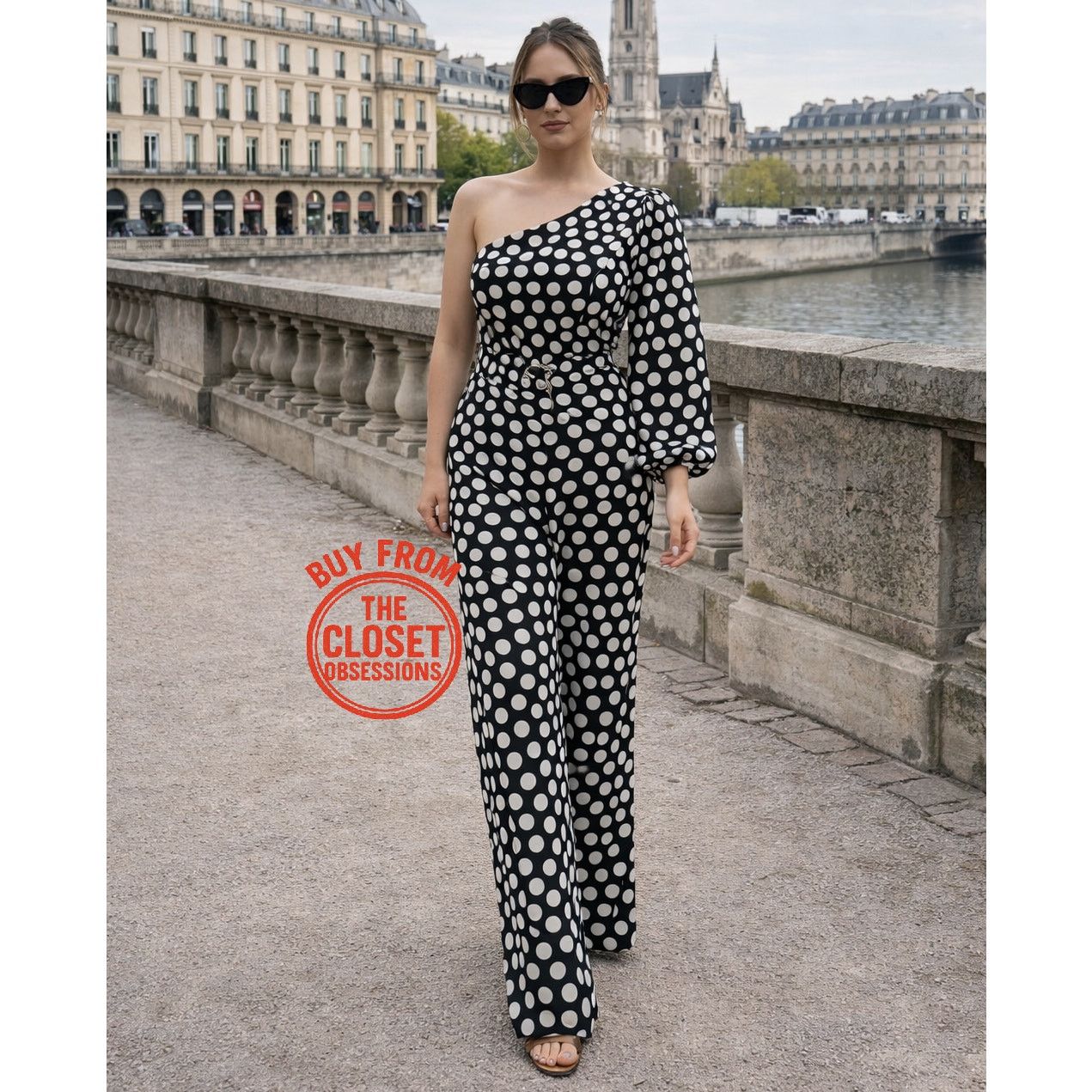 Mango Mango Polka Dot One Shoulder Jumpsuit Straight Leg NWT Size 34" / US 12 / IT 48 - 8 Thumbnail