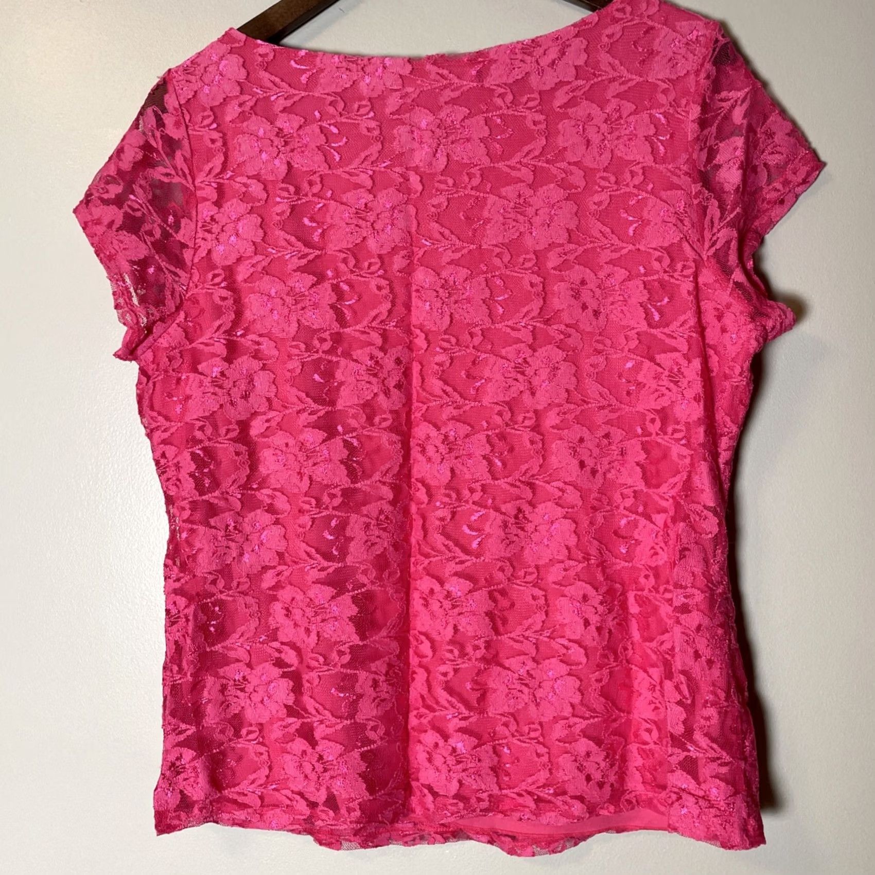 Vintage VINTAGE Fever True Y2K Pink Lace Top Blouse Short Sleeve Round Neck XL Girls Womens Casual Party/Cocktail Wedding 90s Floral Fairy Angel Size XL / US 12-14 / IT 48-50 - 5 Thumbnail