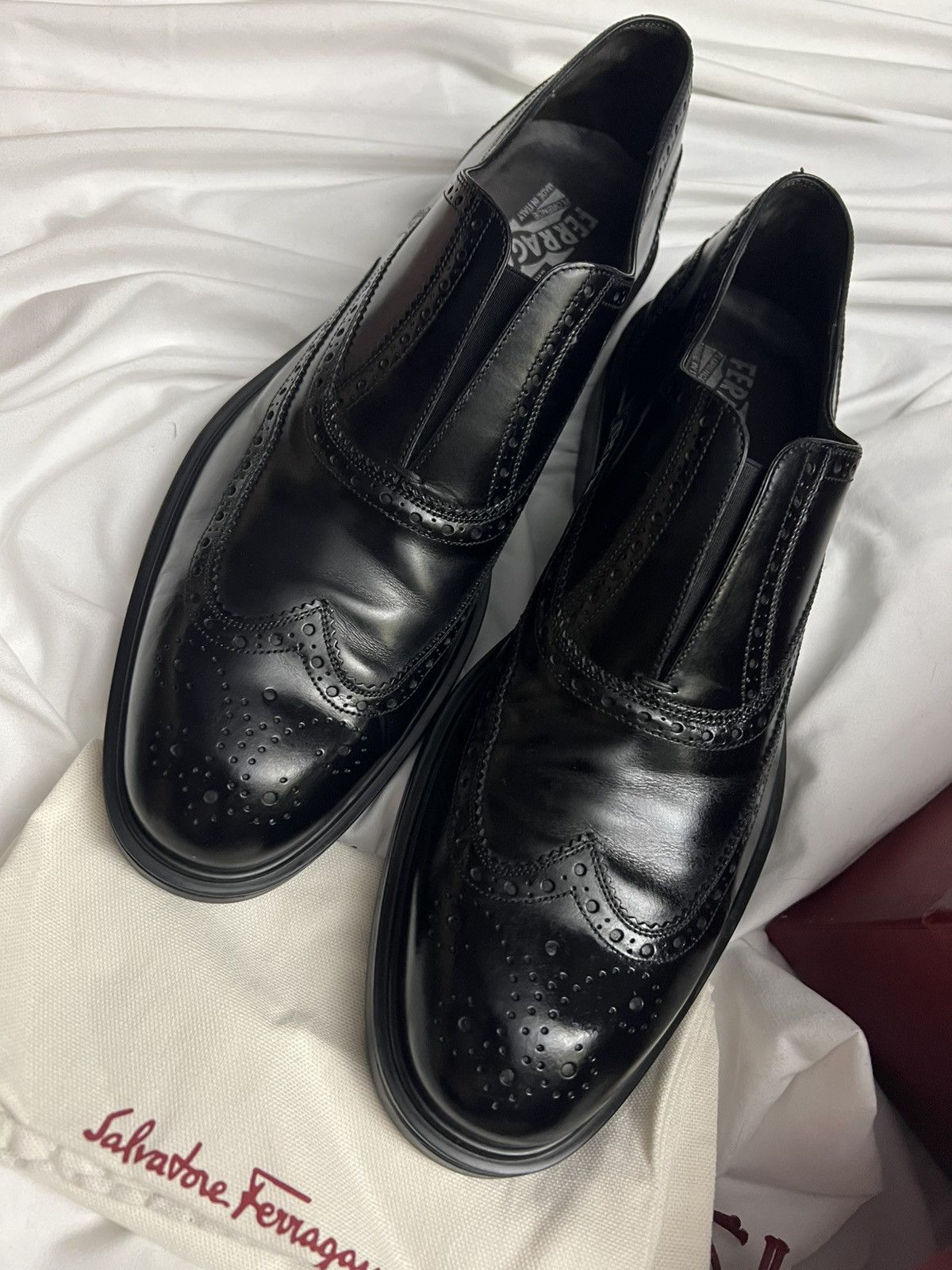 Salvatore Ferragamo Gambit Black Calf Slip-on Brogue Size US 11 / EU 44 - 7 Thumbnail