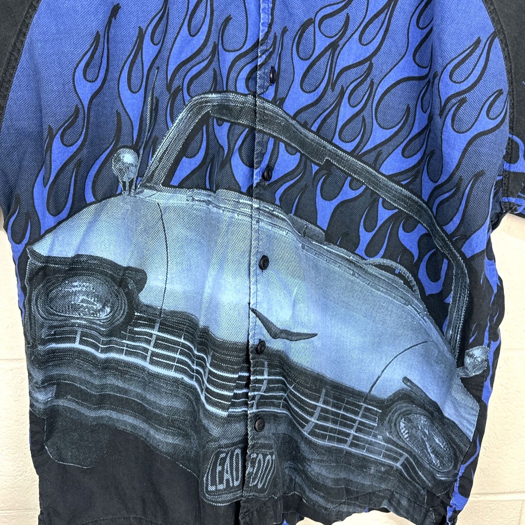 Vintage VINTAGE No Boundaries Shirt Large Blue Flame Black Button Up Short Sleeve Car Size US L / EU 52-54 / 3 - 2 Thumbnail