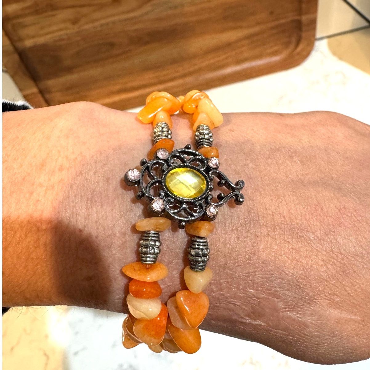 Handmade Handmade peach orange beaded dark metal accent bracelet Size ONE SIZE - 6 Thumbnail