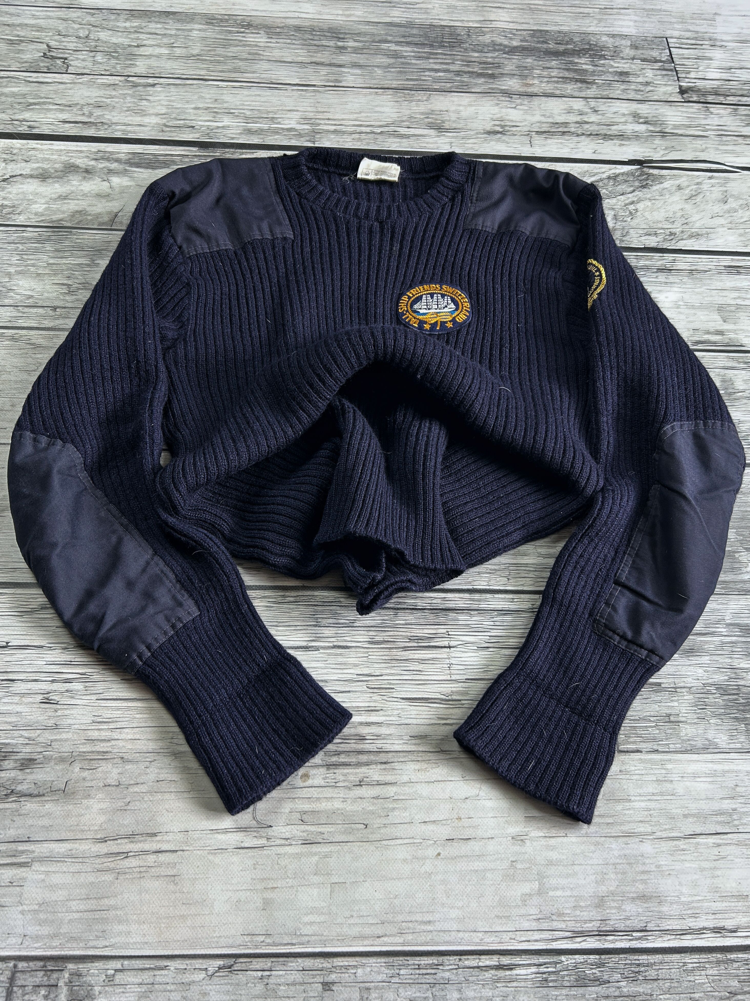 Japanese Brand Navy Military Wool Sweater Elbow Patch Vintage Naval Style Size US L / EU 52-54 / 3 - 1 Thumbnail