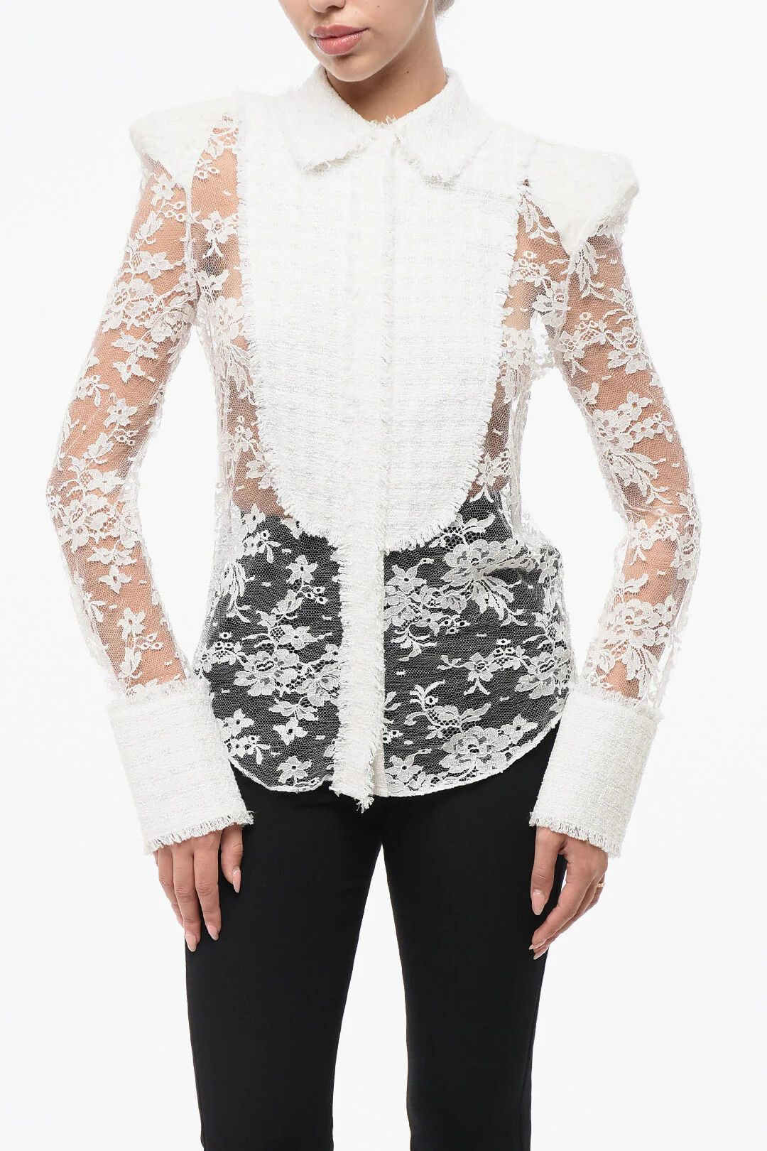 Balmain og1mm0326 Padded Shoulder Straps Lace Blouse in White Size S / US 4 / IT 40 - 1 Thumbnail
