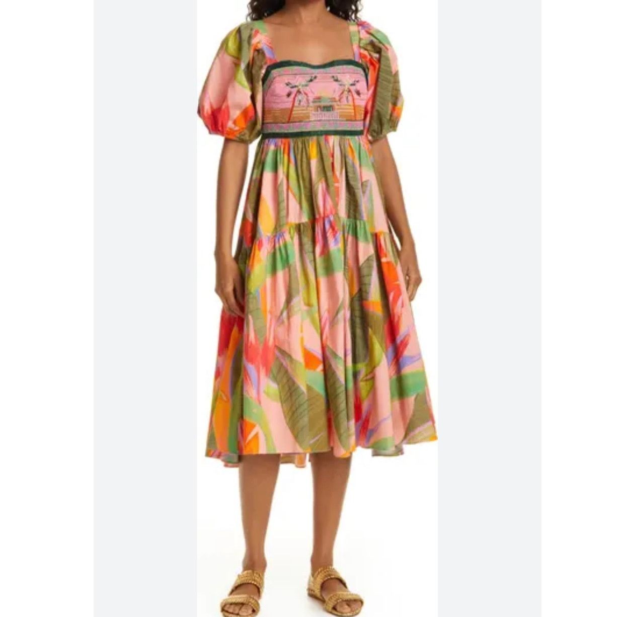 green emerald velvet dress FARM Rio Tiered Maxi Dress Pink Cocoa Forest Print Cotton Size Extra S   Celebrity Owned