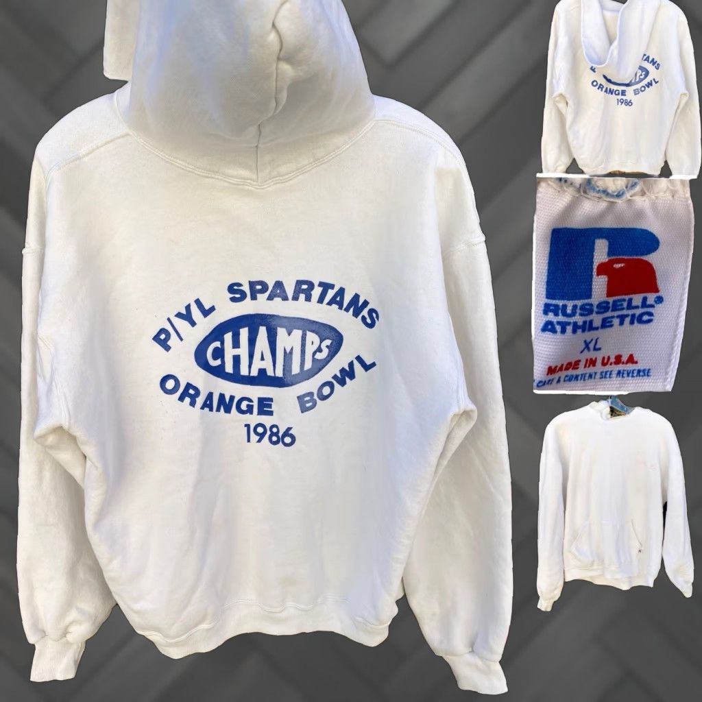 VINTAGE Russell Athletic Hoodie Mens XL White Graphic Print Spartans Champs Orange Bowl 1986 80s Pullover Long Sleeve Sweatshirt Ed Worn
