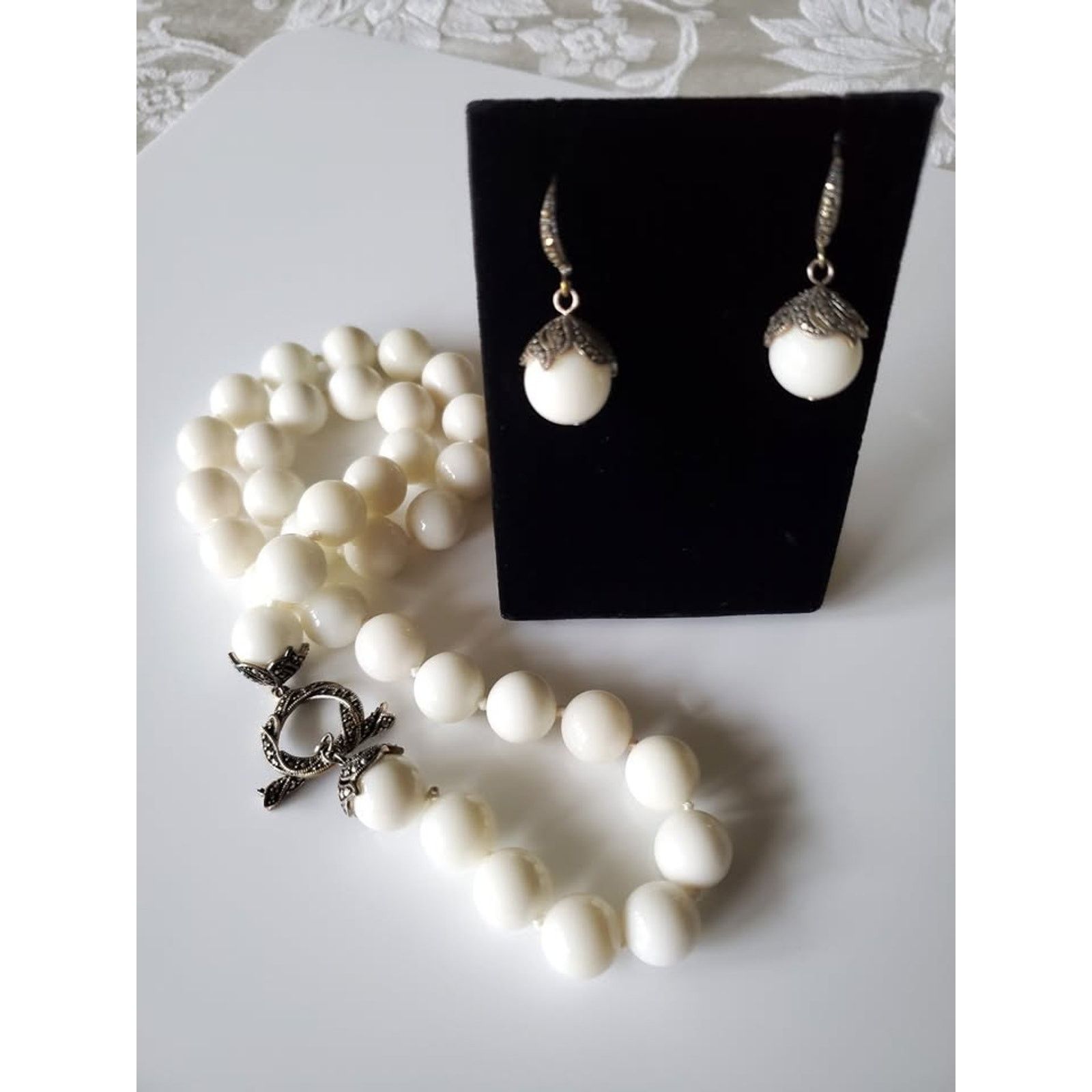 Other White Glass Bead Necklace and Earring Set with Marcasites Size ONE SIZE - 1 Thumbnail