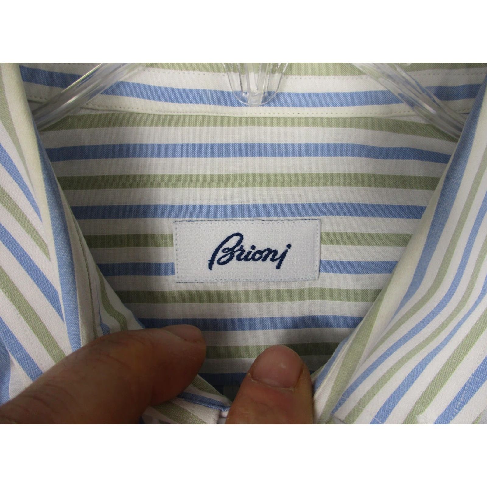 Brioni Brioni Shirt Mens 17 Multicolor Green Blue Stripe Button-Down Dress Long Sleeve Italy Size 46R - 3 Thumbnail