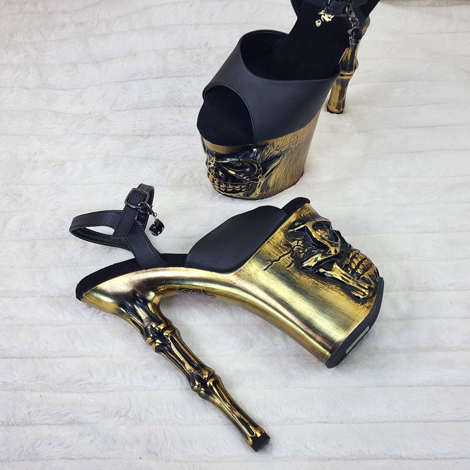 Other Rapture Black Matte Gold Brass Skull & Bones 8" High Heel Pl Size US 7 / IT 37 - 4 Thumbnail