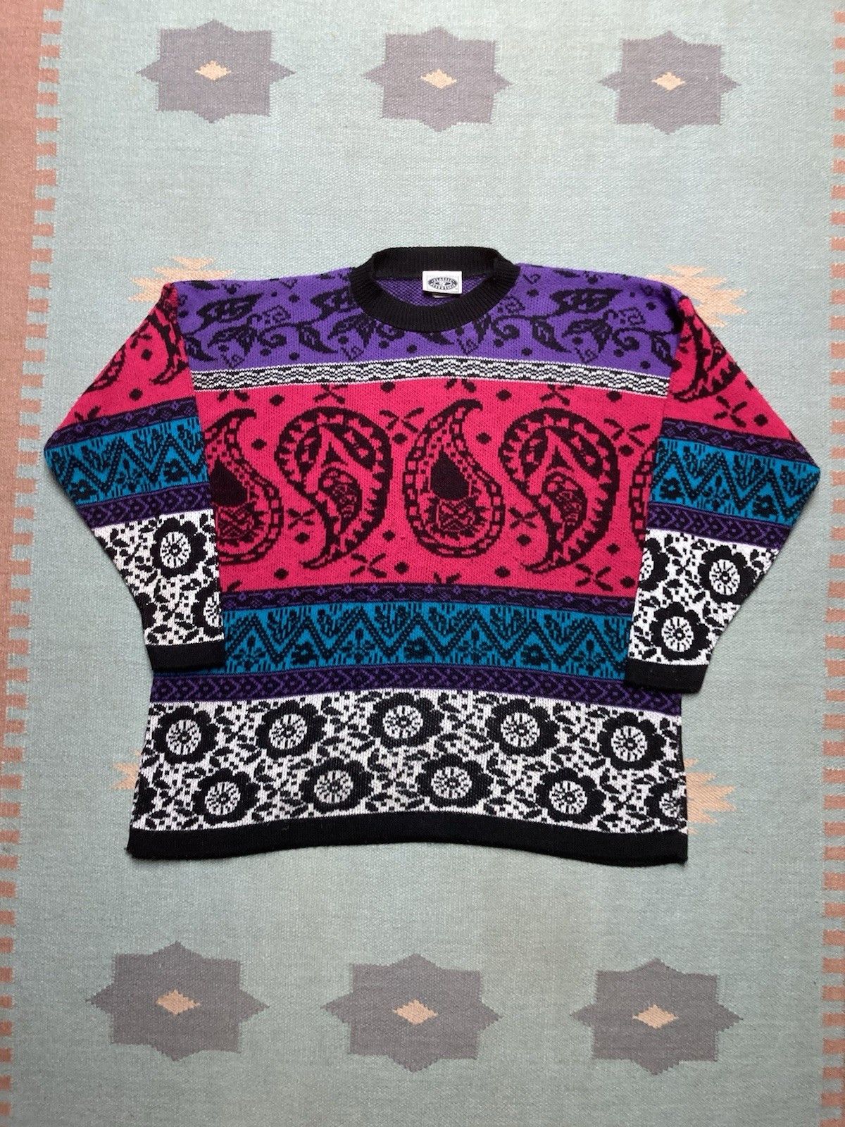 Vintage Vtg 80s acrylic knit sweater paisley geometric soft adult XL Size US XL / EU 56 / 4 - 1 Thumbnail
