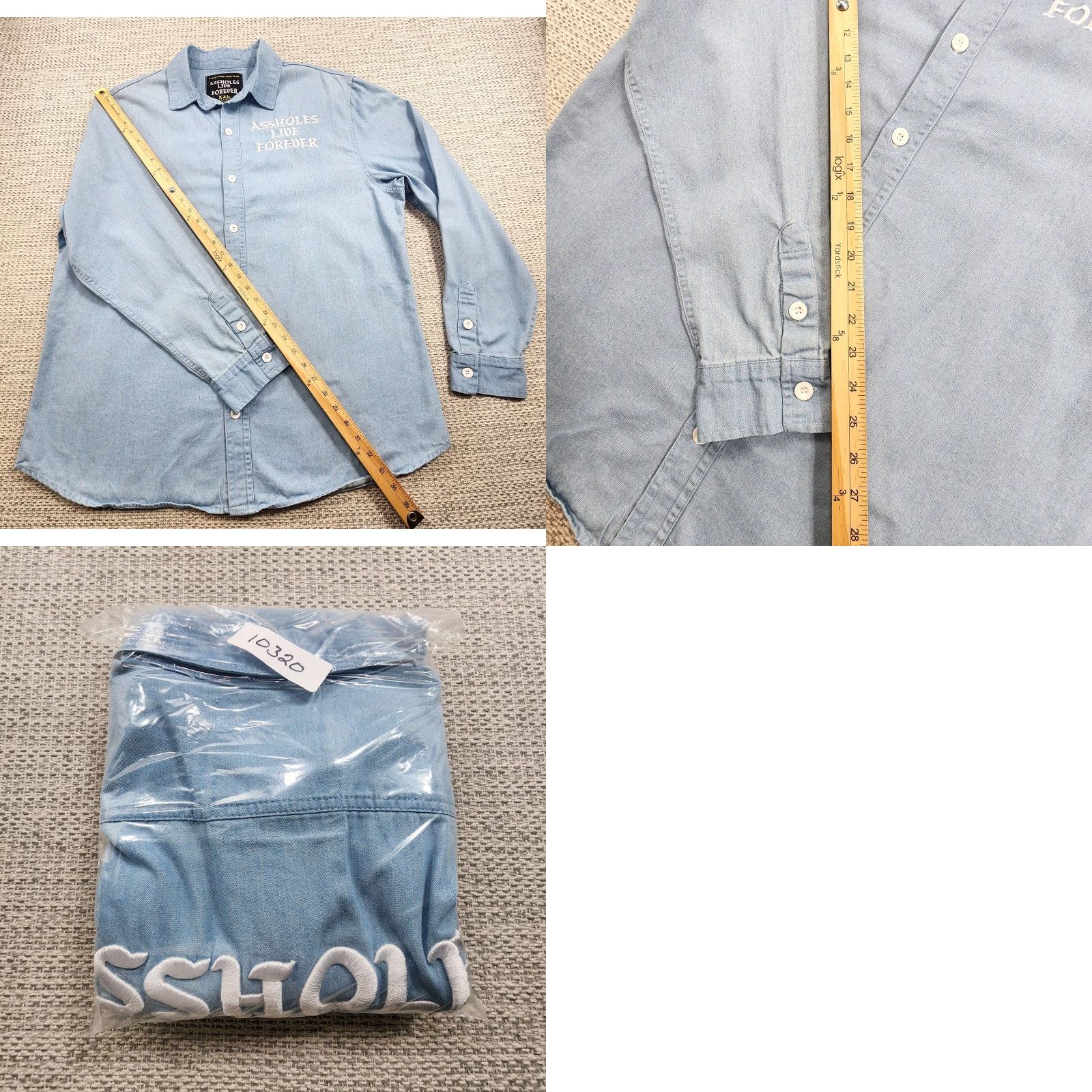 Denime Aholes Live Forever Shirt 2XL Mens Blue Denim Button Up Embroidered Slogan XXL Size US XXL / EU 58 / 5 - 8 Thumbnail