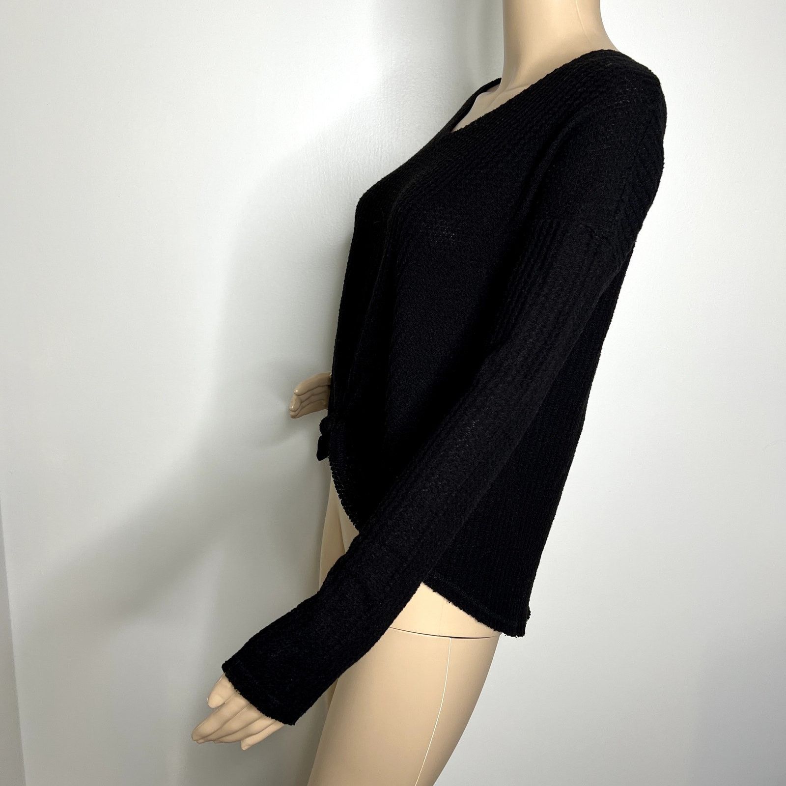 Other Mudd Black Waffle Knit Tie Long Sleeve Top Size XS / US 0-2 / IT 36-38 - 2 Thumbnail
