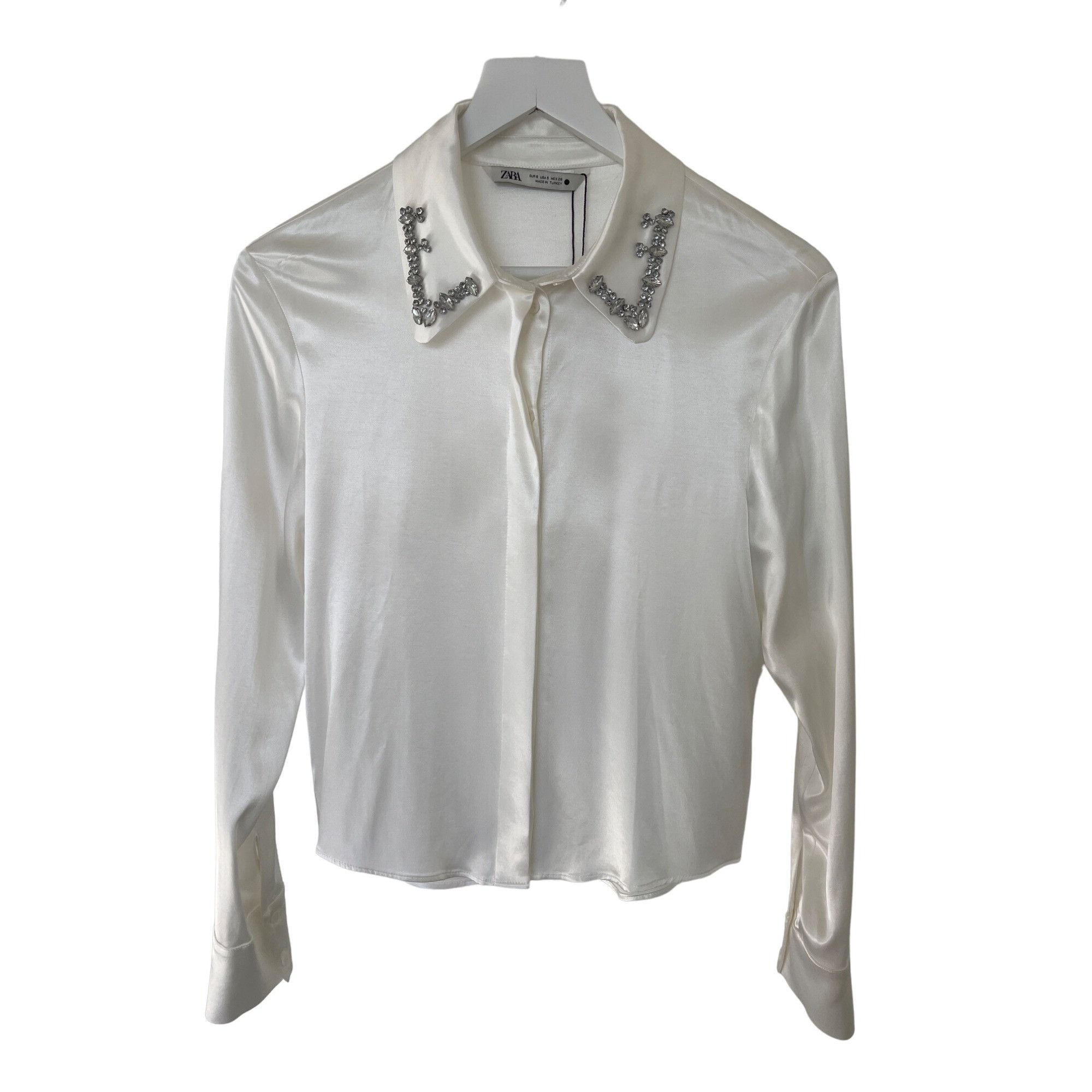 Zara Zara White Satin Jewel Collar Button-Down Shirt Size S / US 4 / IT 40 - 1 Thumbnail