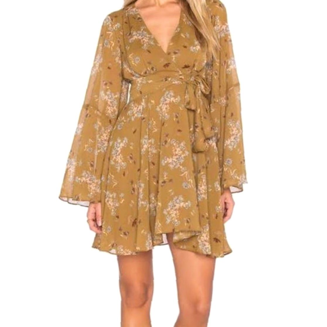 Free People Free People Mini Dress Bell Sleeve Floral Print Green M Womens V-Neck Slim A-Line Short Christmas? Size M / US 6-8 / IT 42-44 - 2 Thumbnail