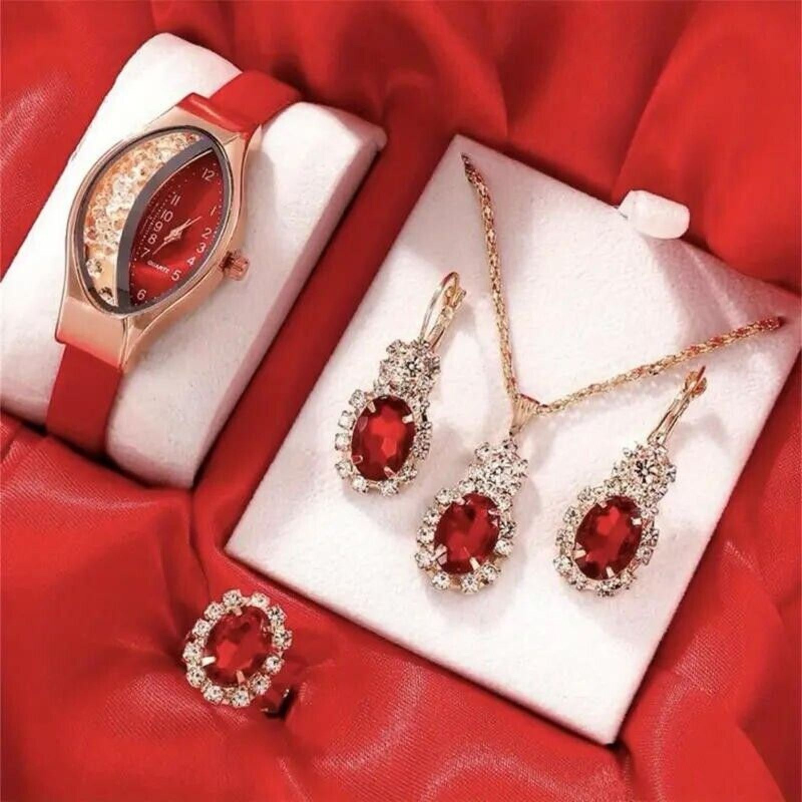 The Unbranded Brand 5pc Jewelry Set Quartz Watch Red Face Necklace Earrings Ring Size ONE SIZE - 1 Thumbnail