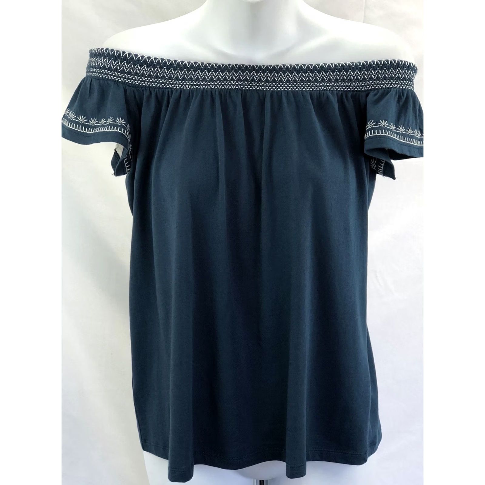Ann Taylor Ann Taylor Blouse off shoulder S blue/white embroidered Cap Sleeve Prairie Cottage Bohemian Hippie Peasant Western Country Women Size S Regular Size S / US 4 / IT 40 - 5 Thumbnail