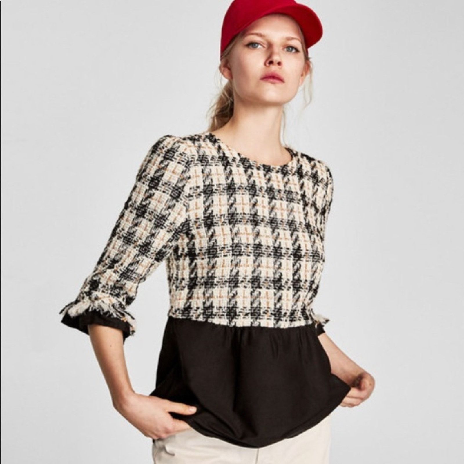 Zara Zara Tweed Houndstooth Peplum Top Fringe Trim Blouse Size US XS / EU 42 / 0 - 1 Thumbnail