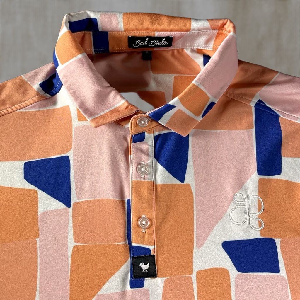 Vintage Bad Birdie Polo Shirt Mens XL Orange Geometric Print Short Sleeve Golf DRINKPAK Logo IIII Size US XL / EU 56 / 4 - 1 Thumbnail