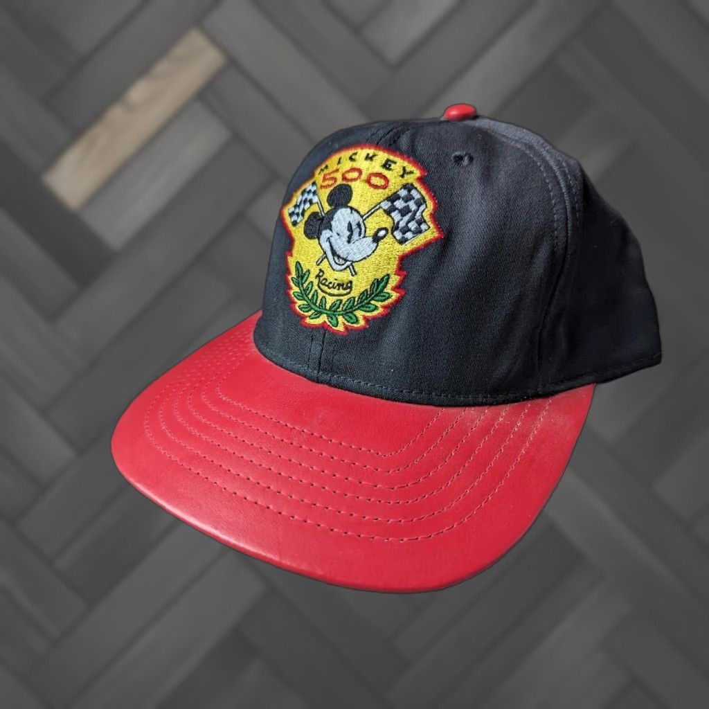 Hamilton VINTAGE MICKEY MOUSE Leather Bill 500 Racing Hat Cap JEFF HAMILTON Disney Adult One Size Black Men Baseball Cap Size ONE SIZE - 1 Thumbnail