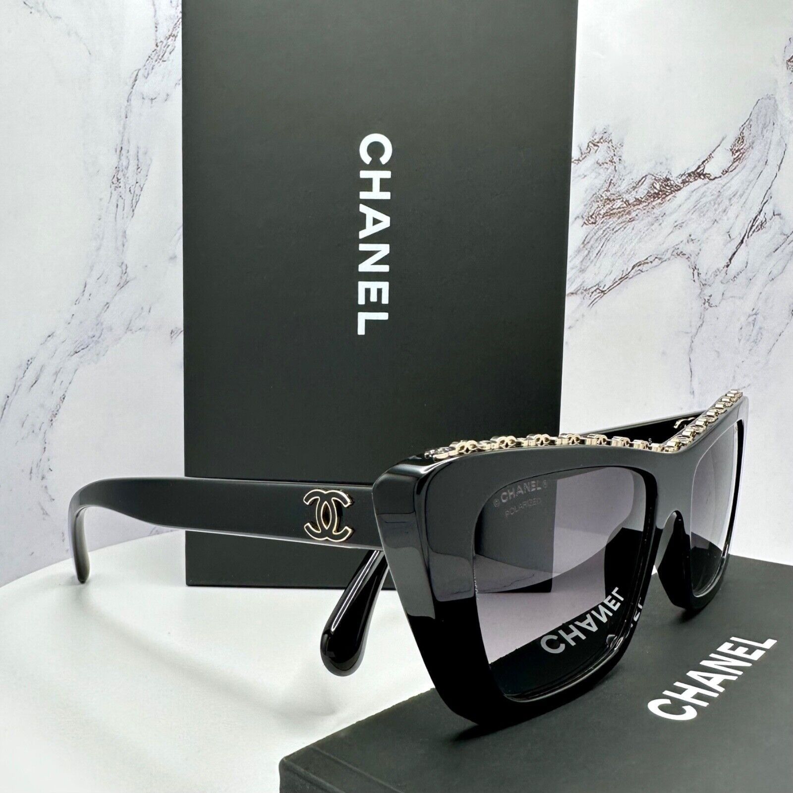 New CHANEL Sunglasses Polarized Black Gold CC Chain On Top