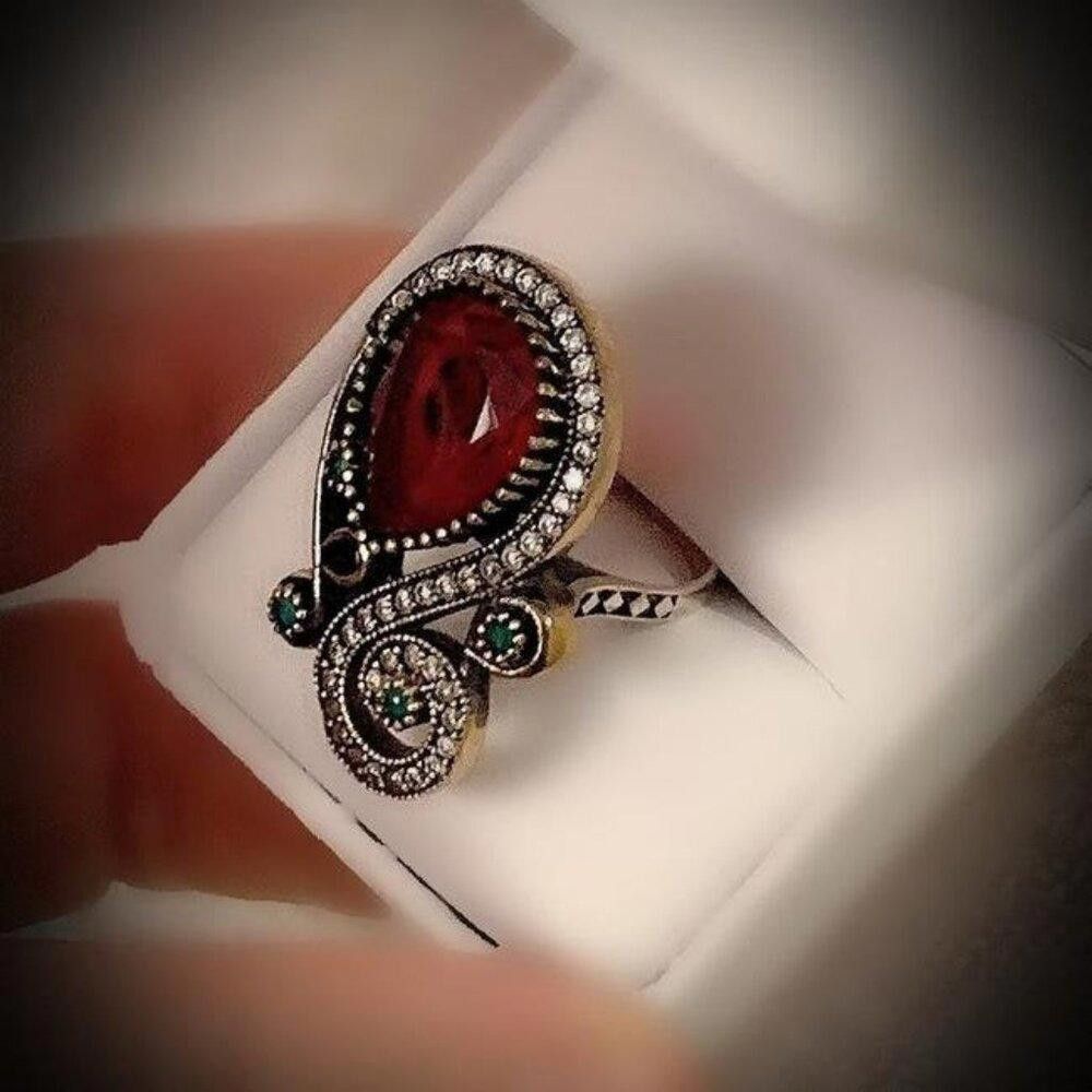 Designer Vintage Ruby Red Teardrop Antique Gold Ethnic Ring - Size 7 Size ONE SIZE - 6 Thumbnail