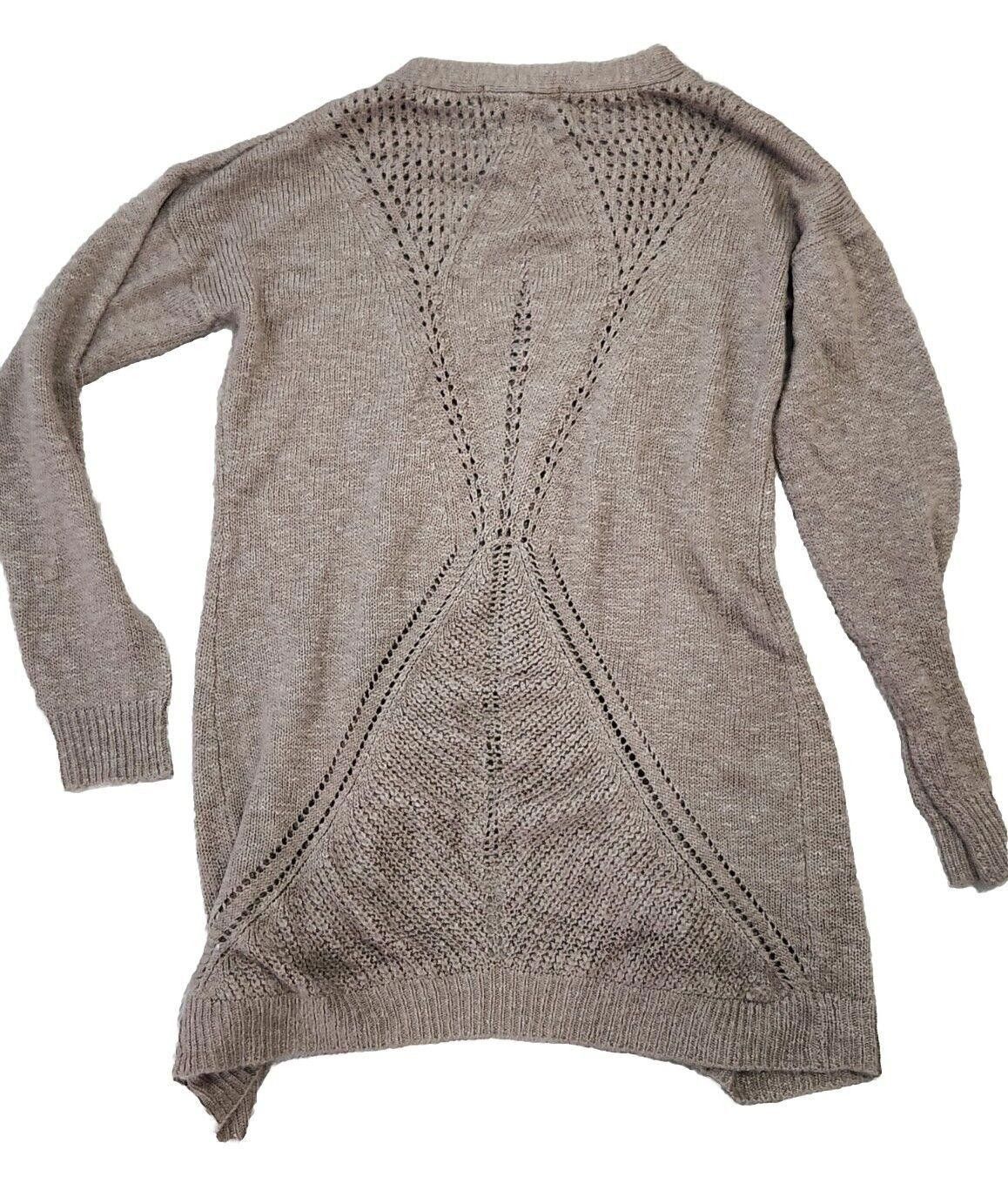 Designer Pink Rose Sweater Large Long Brown Crochet Open Front Size L / US 10 / IT 46 - 2 Thumbnail