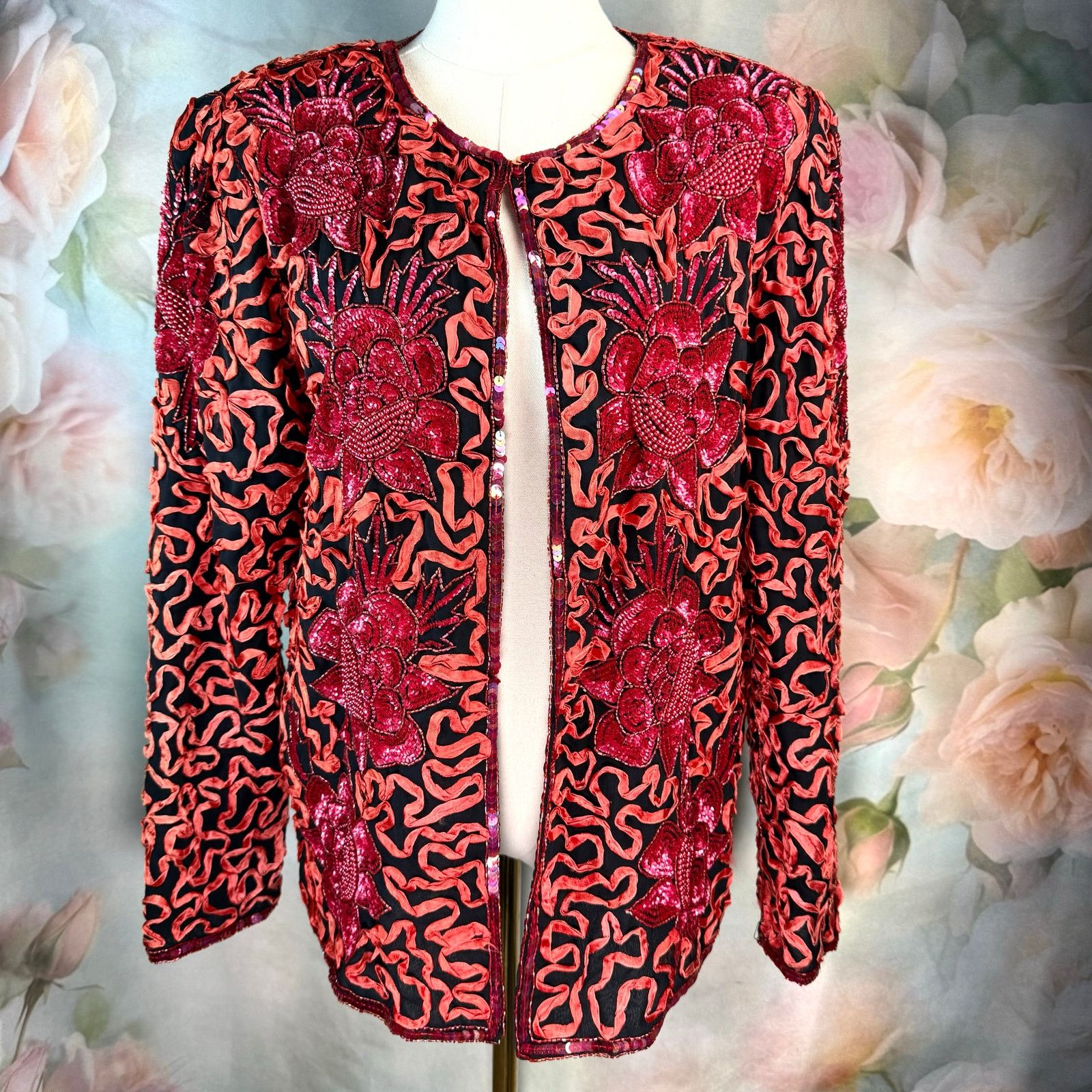 Other Vintage Aries On Knob Hill Pure Silk Sequin Beaded Jacket Size L / US 10 / IT 46 - 1 Thumbnail
