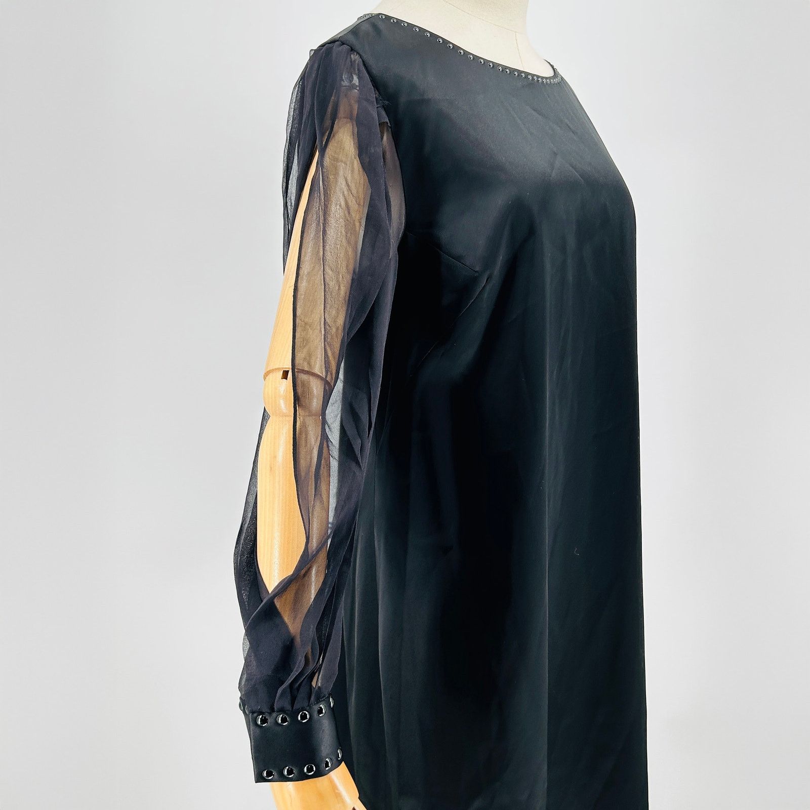 Elie Tahari Black Studded Satin Shift Dress with Silk Sleeves Size XL / US 12-14 / IT 48-50 - 3 Thumbnail