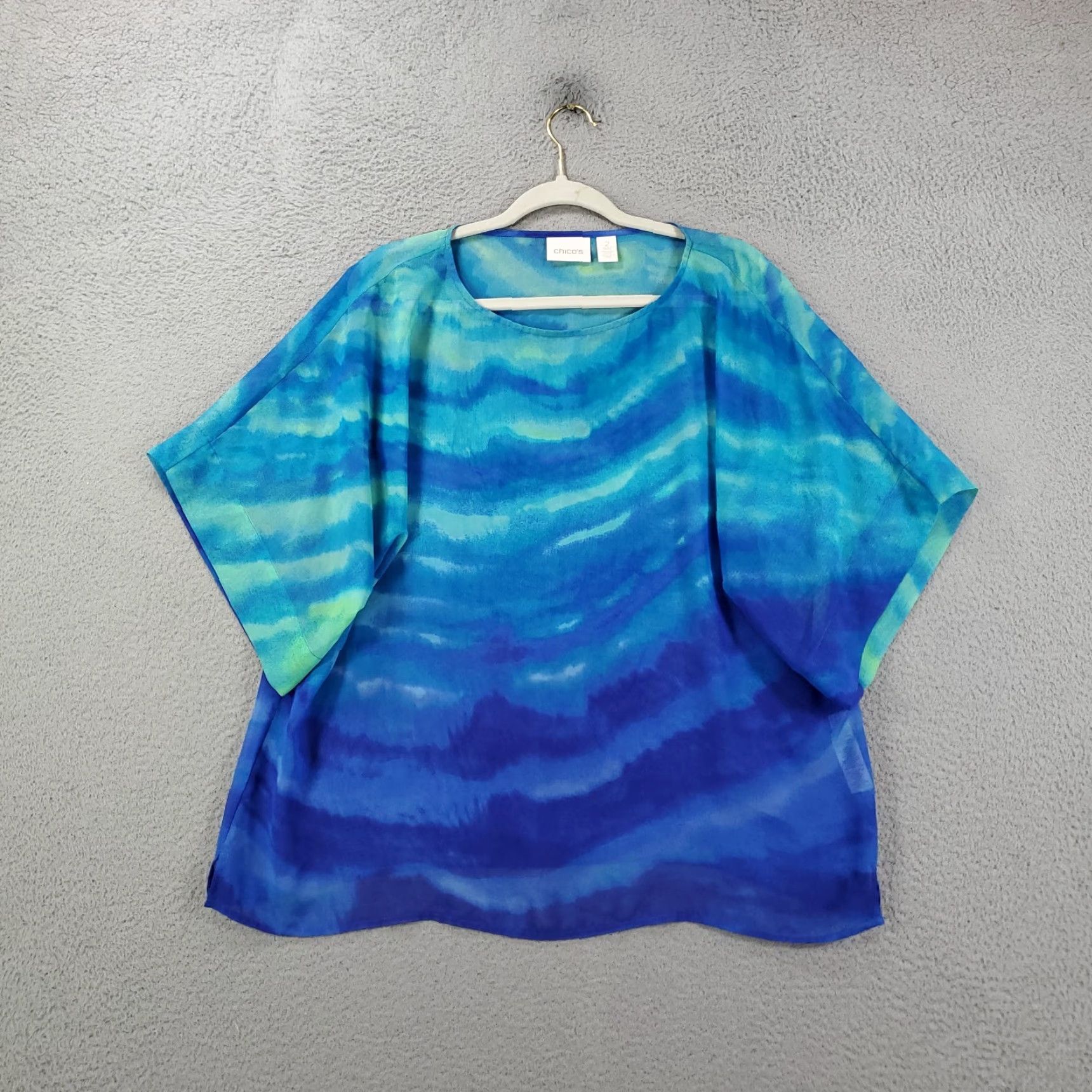 Vintage Chicos Blouse Womens Large Aqua Blue Sheer Abstract Wide Sleeve Flowy 2 Size L / US 10 / IT 46 - 2 Thumbnail