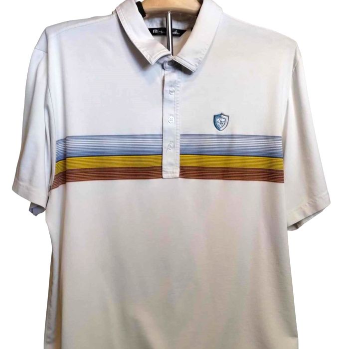 Travis Mathew Travis Mathew Cream Blue Yellow Red Chest Stripes Polo ...